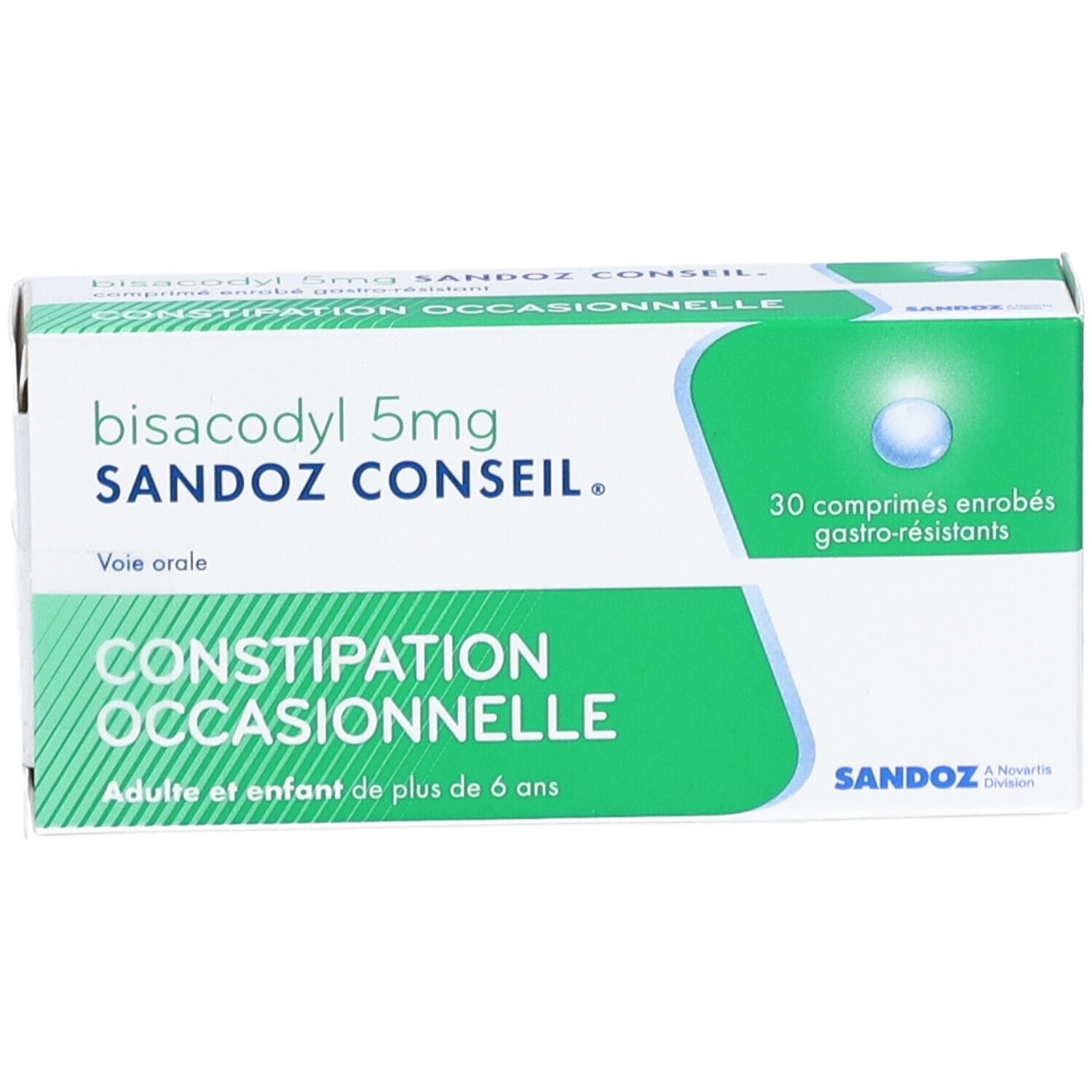 Boîte Sandoz Conseil Bisacodyl 5 mg. Design vert et blanc, nom du produit et texte, 30 comprimés.