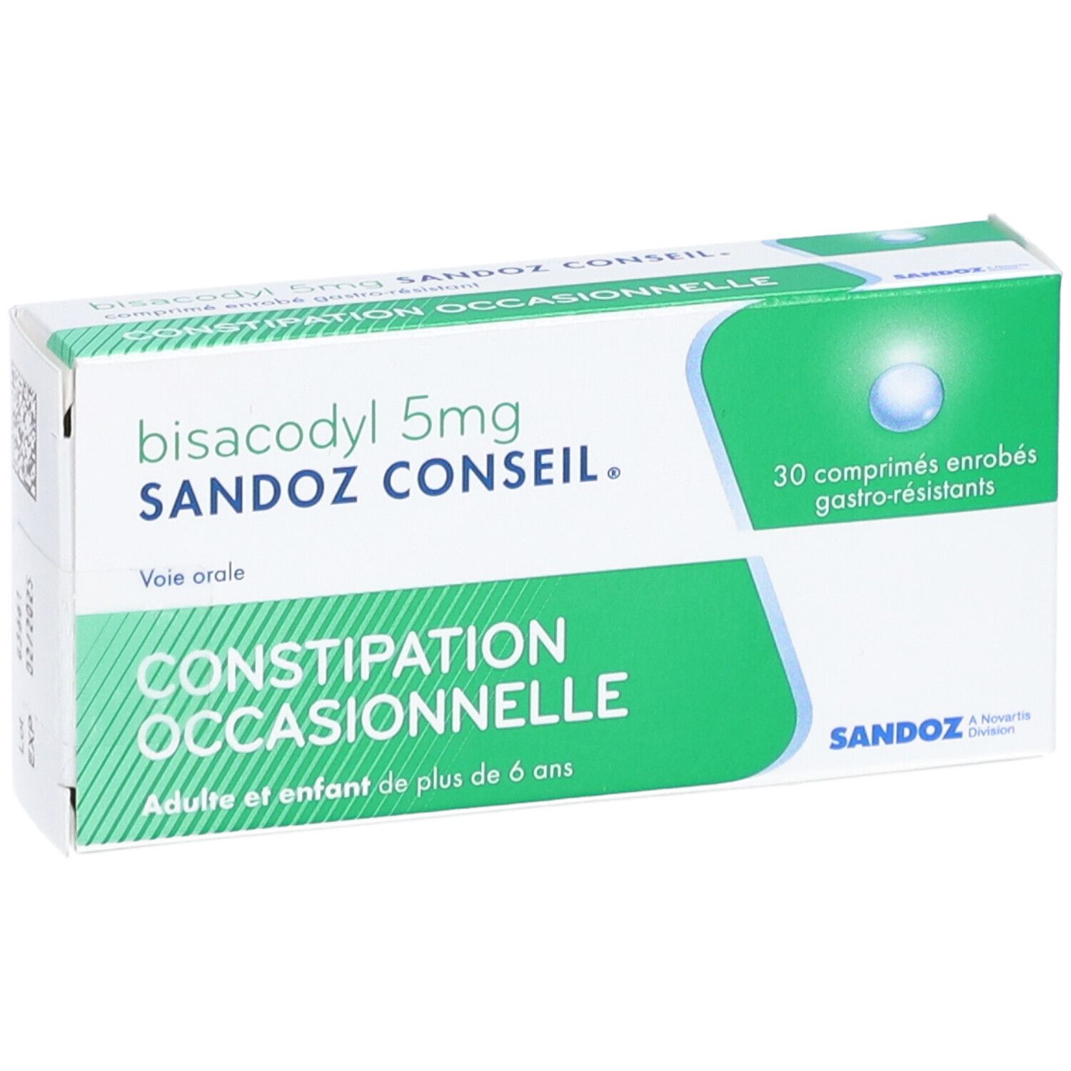 Boîte Sandoz Conseil Bisacodyl 5 mg. Design vert et blanc, nom du produit et texte, 30 comprimés.