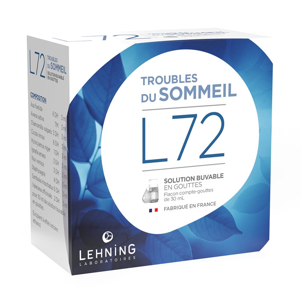 Boîte L72, Troubles du Sommeil, solution buvable en gouttes. Flacon compte-gouttes. Marque: LEHNING.