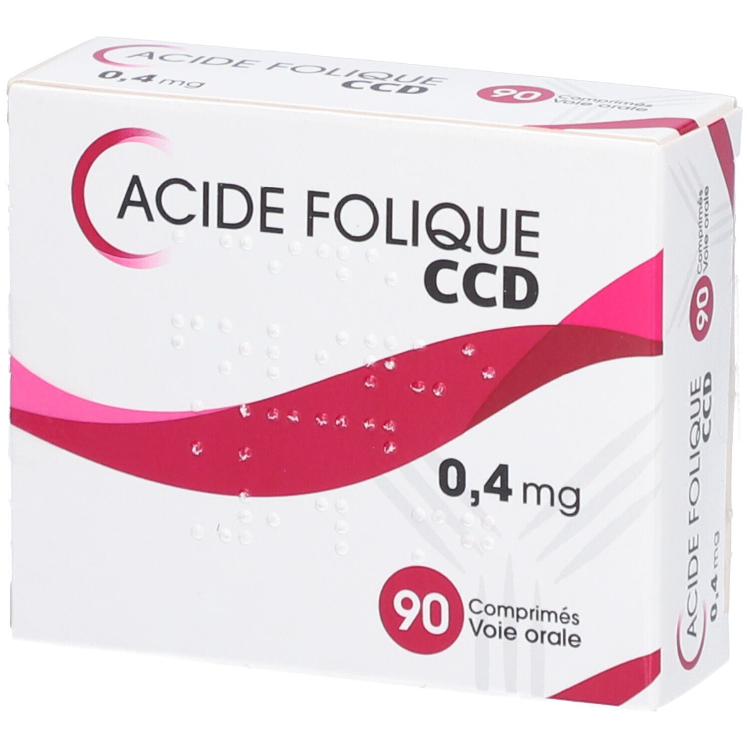 Boîte de 'Acide Folique CCD 0,4 mg'. 90 comprimés. Emballage blanc et rouge. Texte et logo.