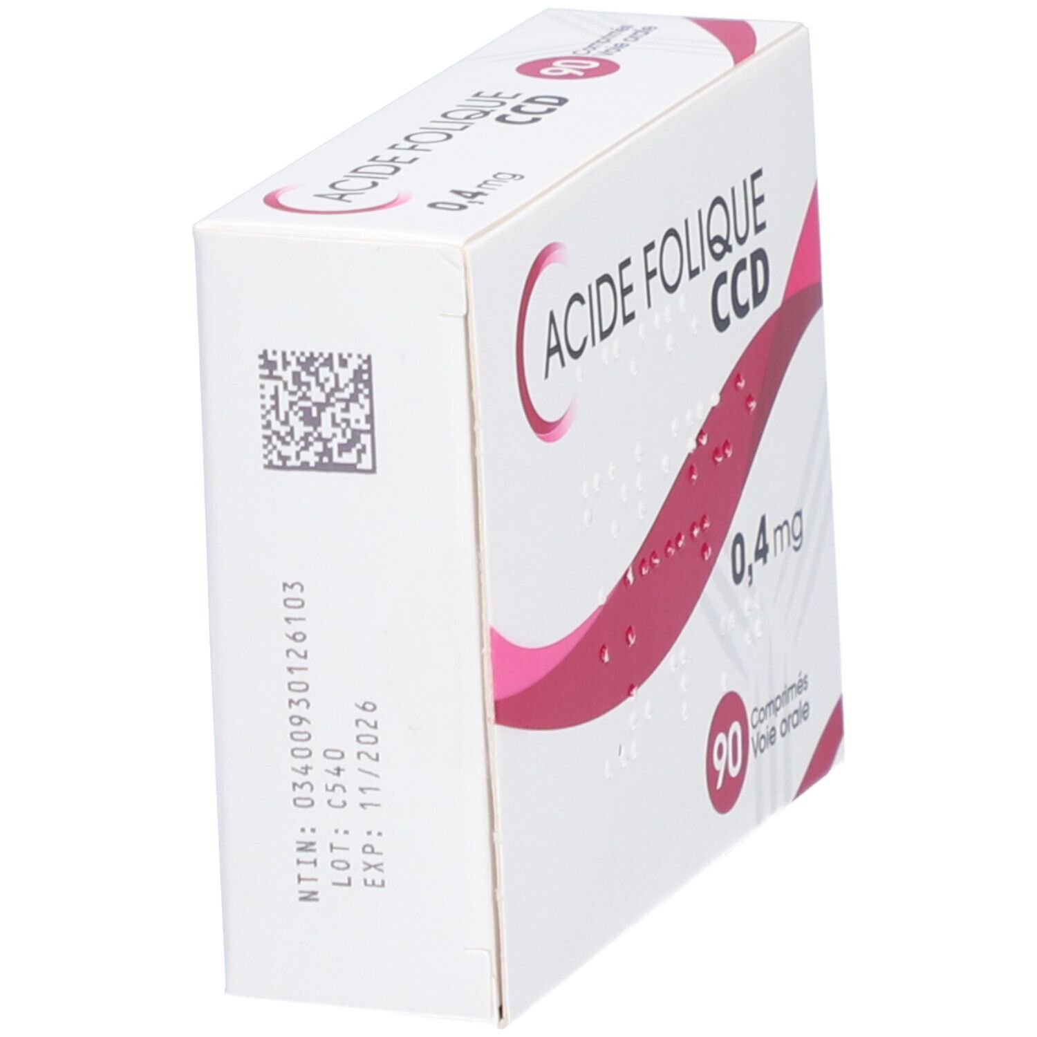 Boîte 'Acide Folique CCD 0,4 mg'. Vue latérale. Code-barres, numéro de lot et date d'expiration. Emballage rouge et blanc.