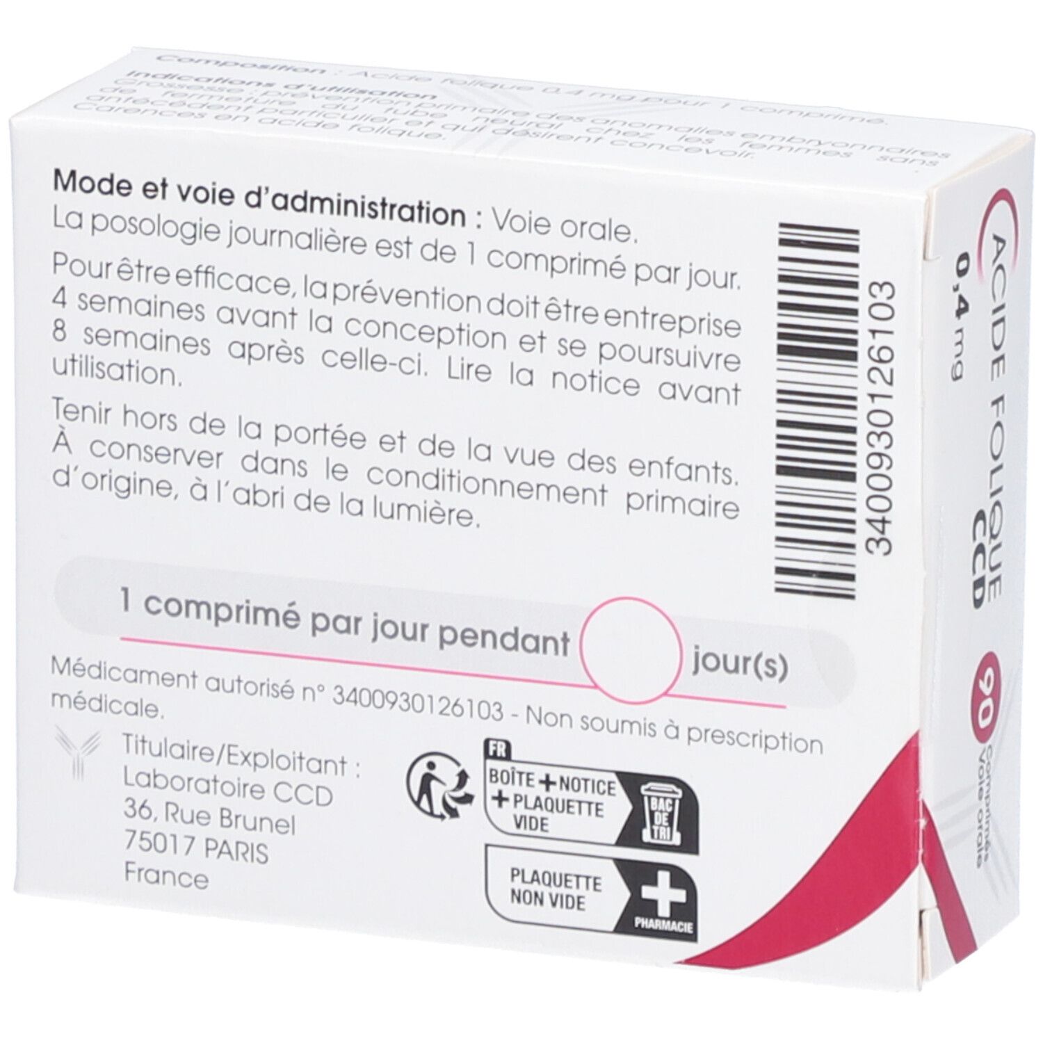 Dos de la boîte 'Acide Folique CCD 0,4 mg'. Texte sur la posologie et l'utilisation. Logo et informations.