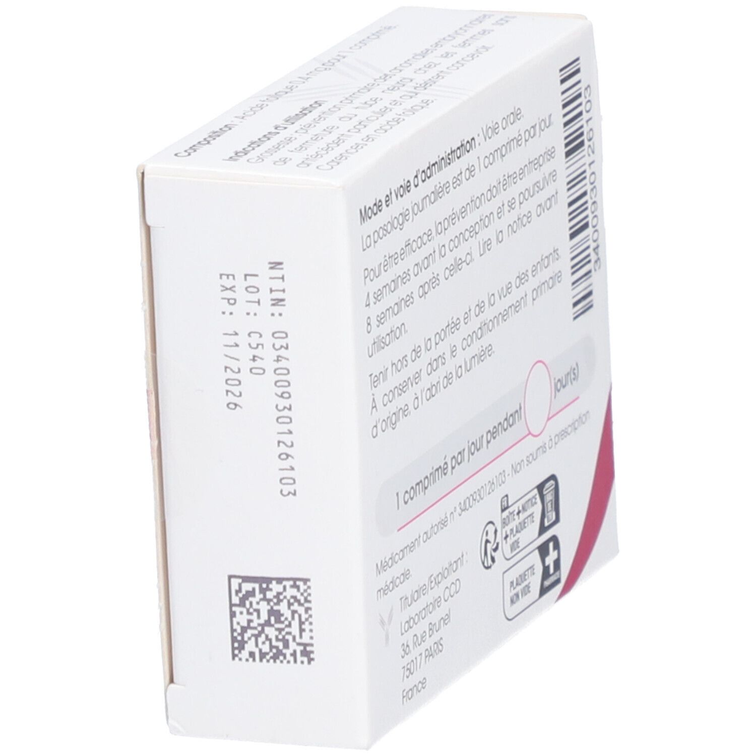 Boîte 'Acide Folique CCD 0,4 mg'. Vue latérale. Code-barres, numéro de lot et date d'expiration. Texte et logo.