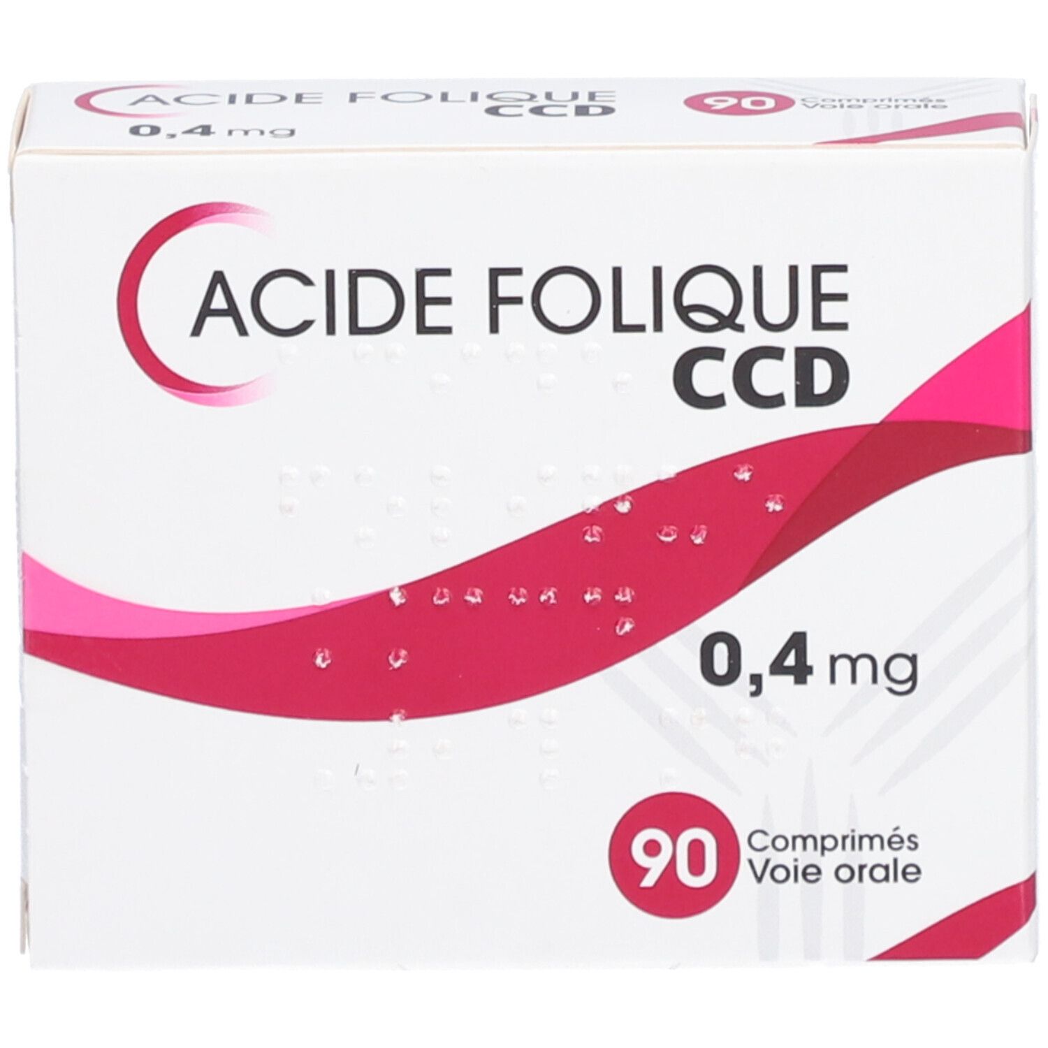 Boîte 'Acide Folique CCD 0,4 mg'. 90 comprimés. Emballage blanc et rouge. Texte et logo.