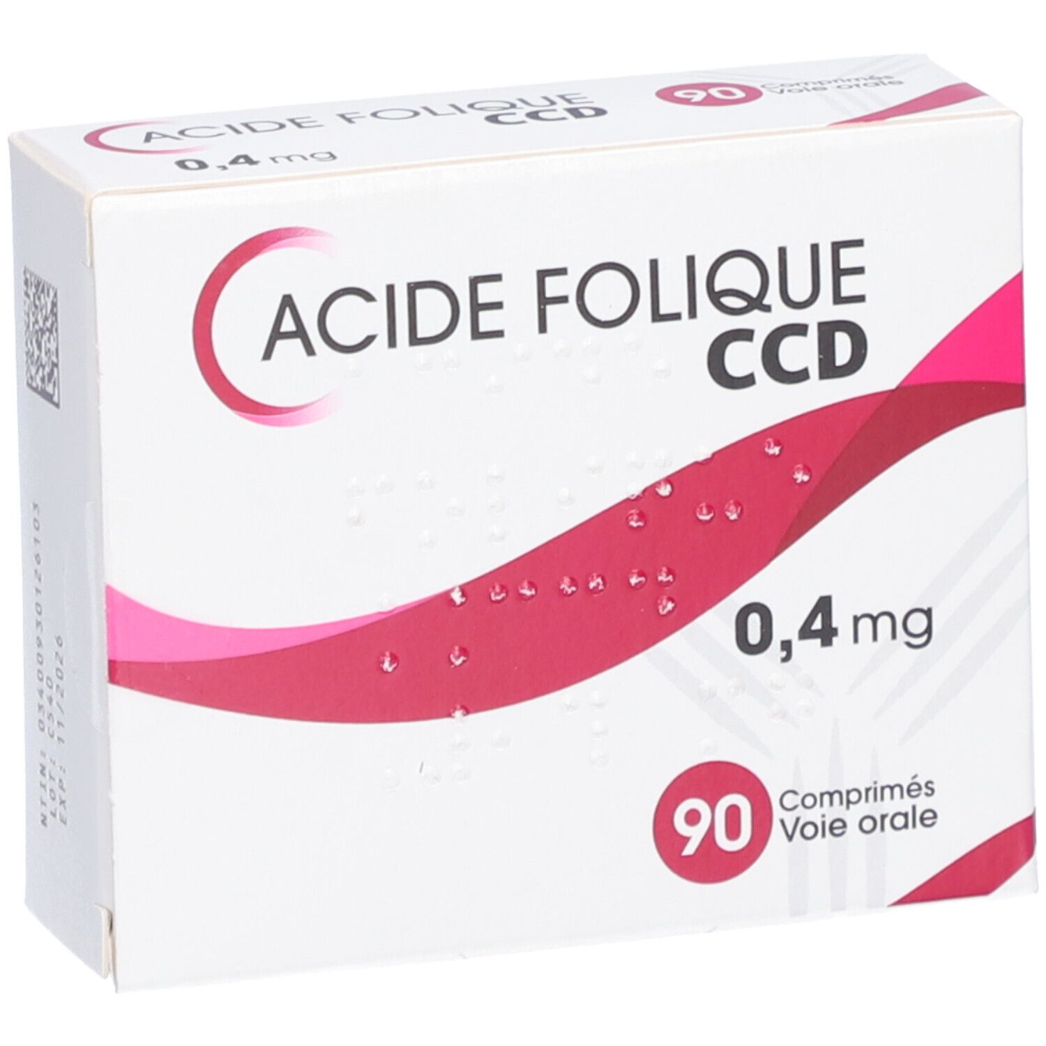 Boîte 'Acide Folique CCD 0,4 mg'. 90 comprimés. Emballage blanc et rouge. Texte et logo.