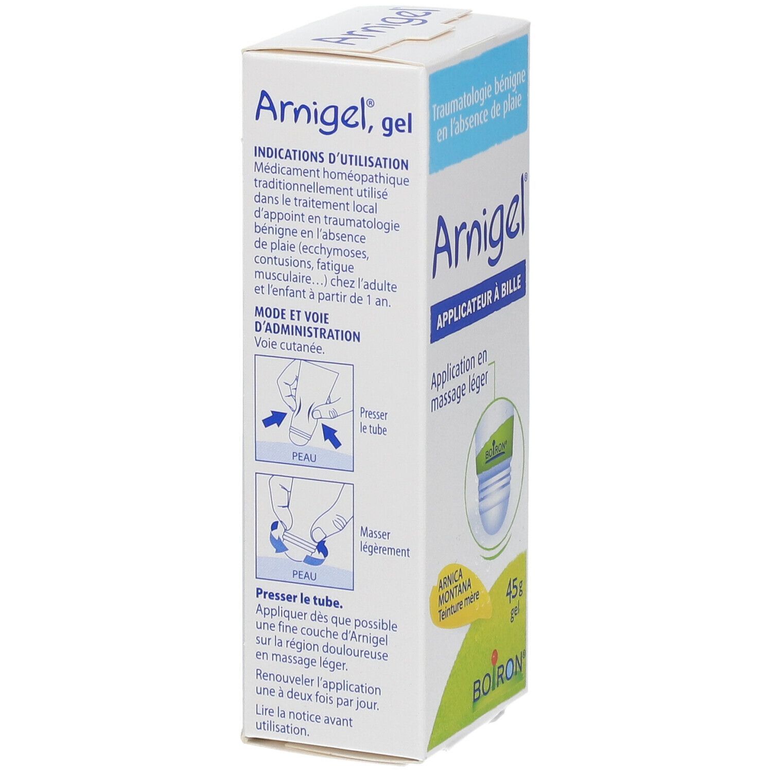 Boîte de gel Arnigel. Inscriptions : Arnigel, Applicateur à bille, 45g, Boiron. Illustrations d'utilisation.