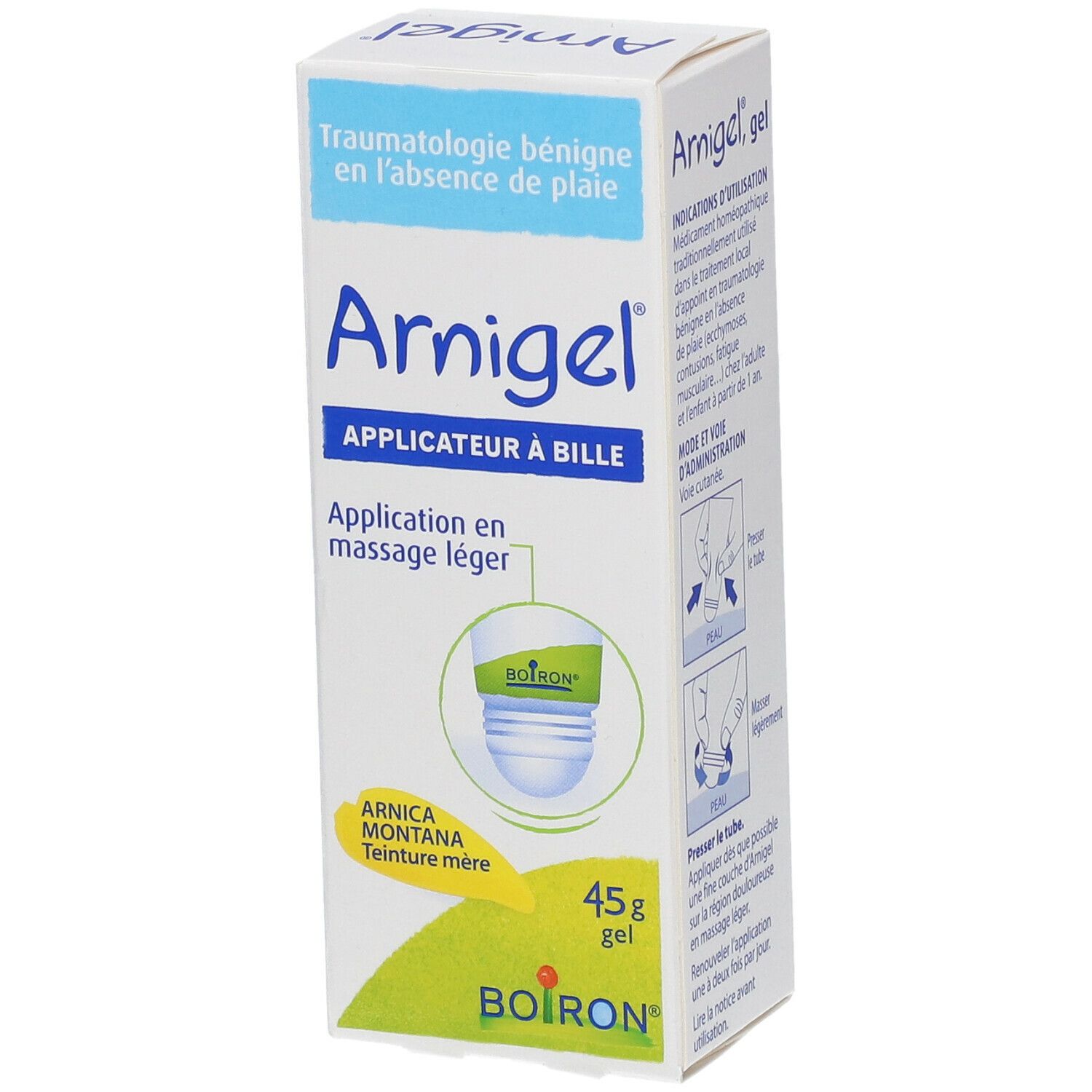 Boîte de gel Arnigel avec applicateur à bille. Inscriptions : Arnigel, Applicateur à bille, 45g, Boiron.