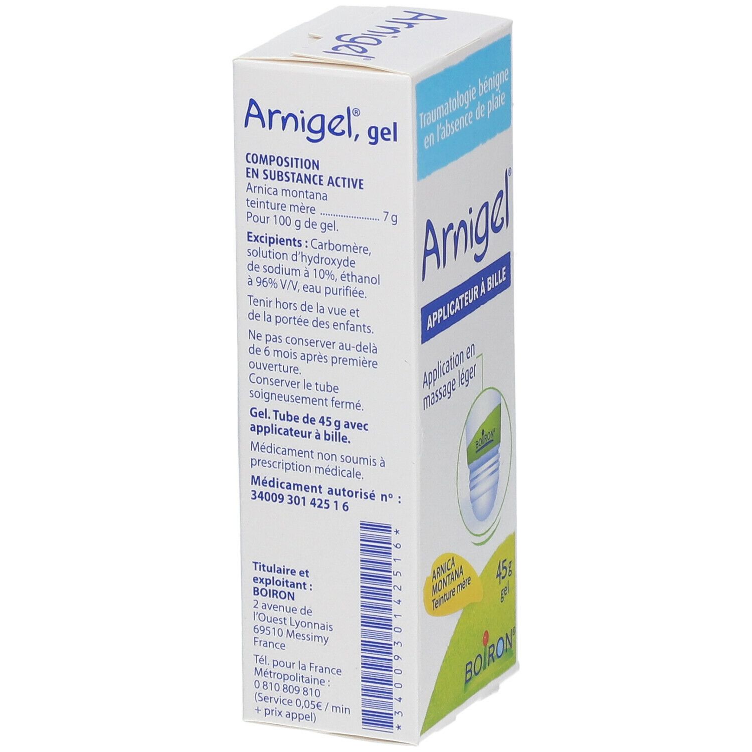 Boîte de gel Arnigel. Inscriptions : Arnigel, Applicateur à bille, 45g, Boiron. Texte sur ingrédients et fabricant.
