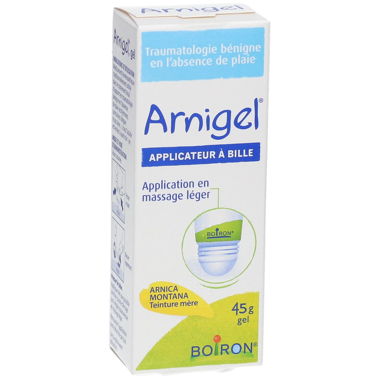 Boîte de gel Arnigel avec applicateur à bille. Inscriptions : Arnigel, Applicateur à bille, 45g, Boiron.