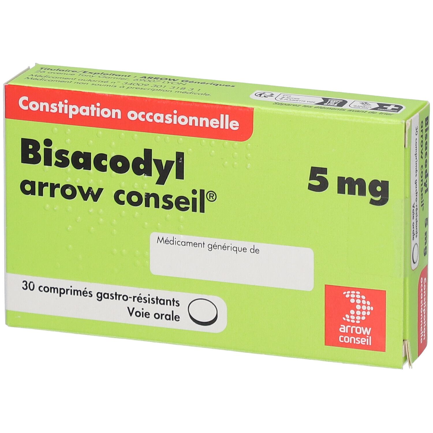 Boîte de Bisacodyl arrow conseil® 5 mg. Vert, blanc et rouge. 30 comprimés. Nom de marque et produit visibles.