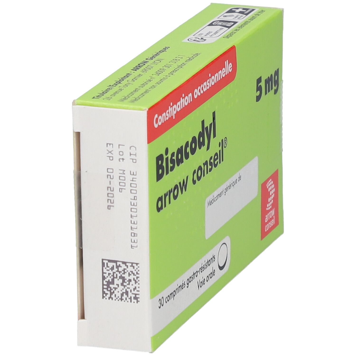 Boîte Bisacodyl arrow conseil® 5 mg. Vue latérale. Texte et logo visibles. Vert, blanc et rouge. 30 comprimés.