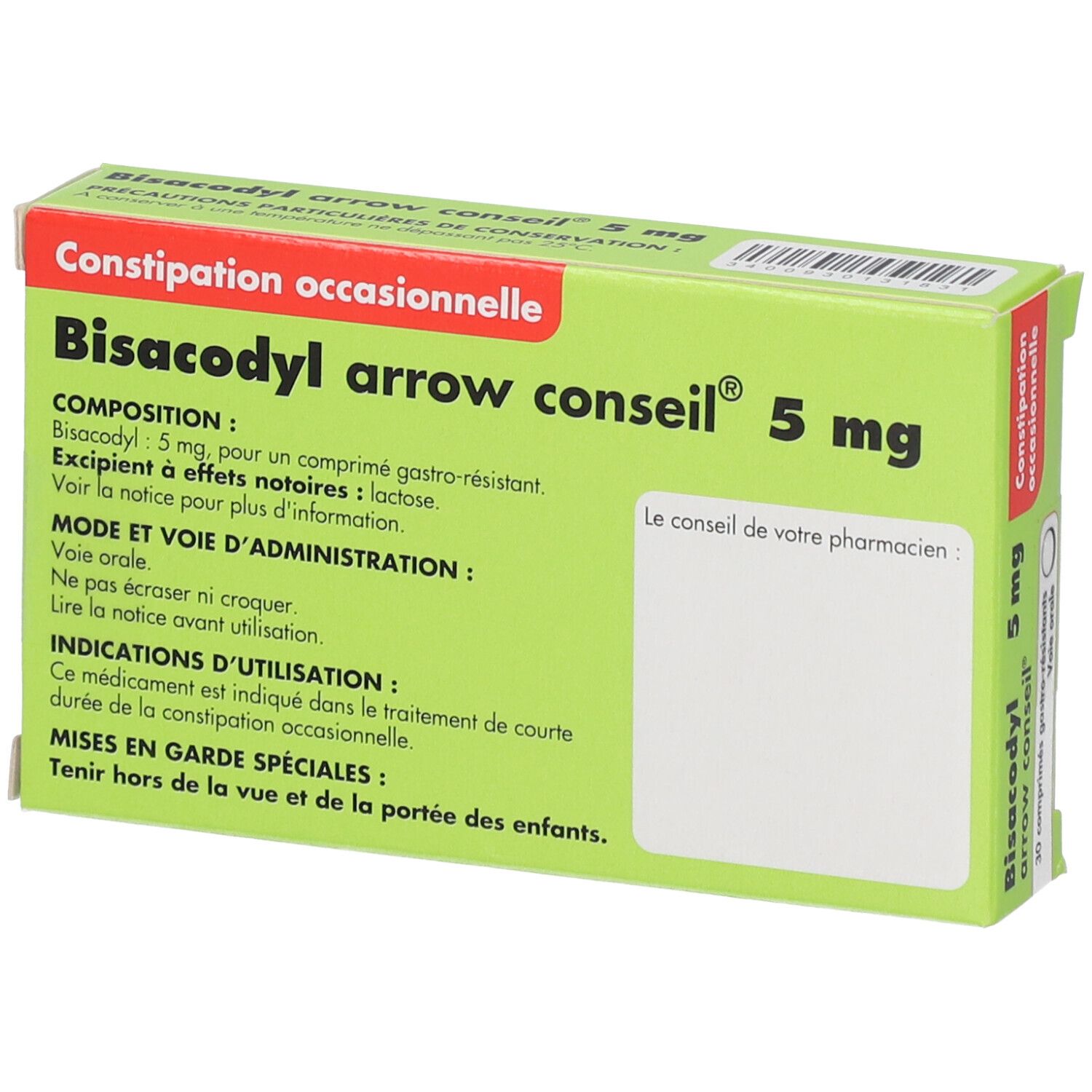 Boîte Bisacodyl arrow conseil® 5 mg. Dos avec texte. Vert, blanc et rouge. 30 comprimés. Informations produit.