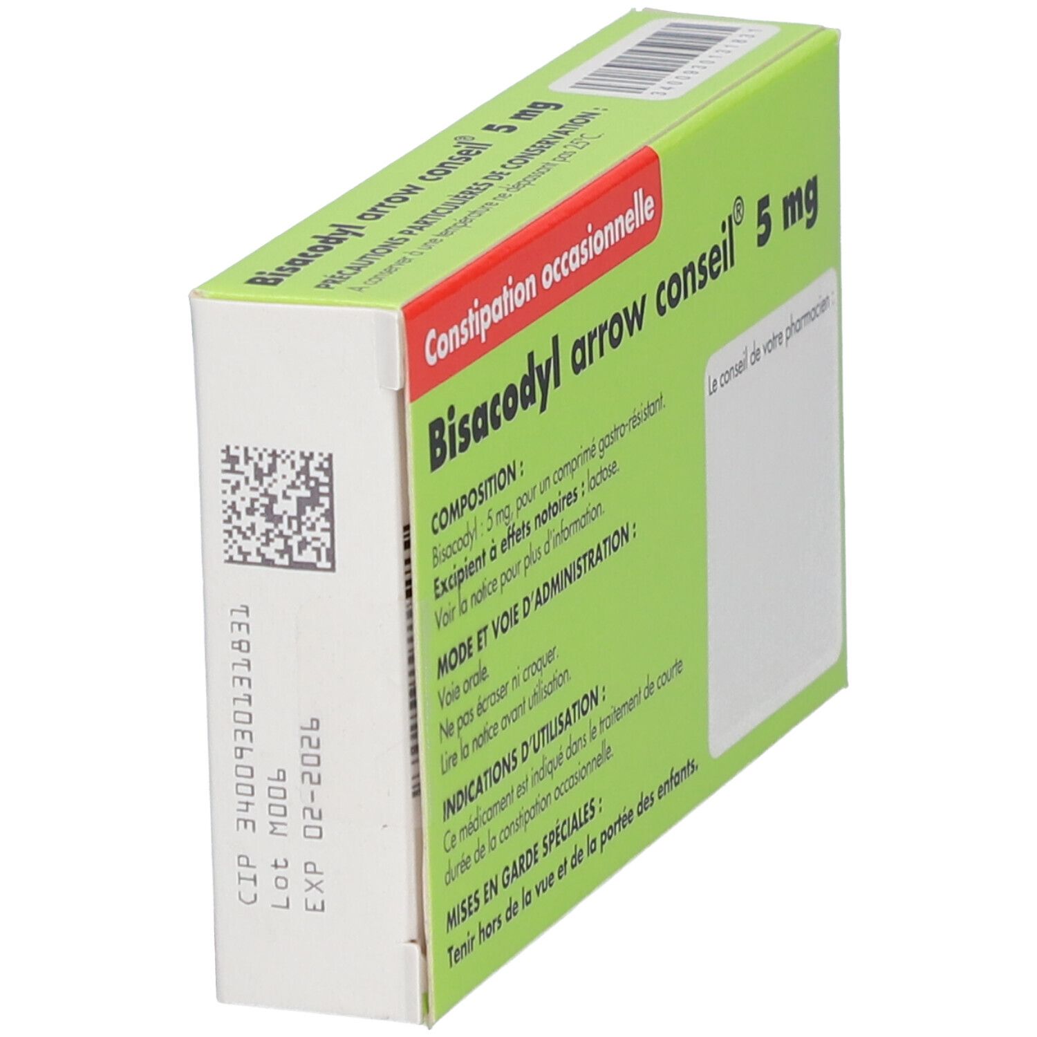Boîte Bisacodyl arrow conseil® 5 mg. Dos avec texte. Vert, blanc et rouge. 30 comprimés. Informations produit.