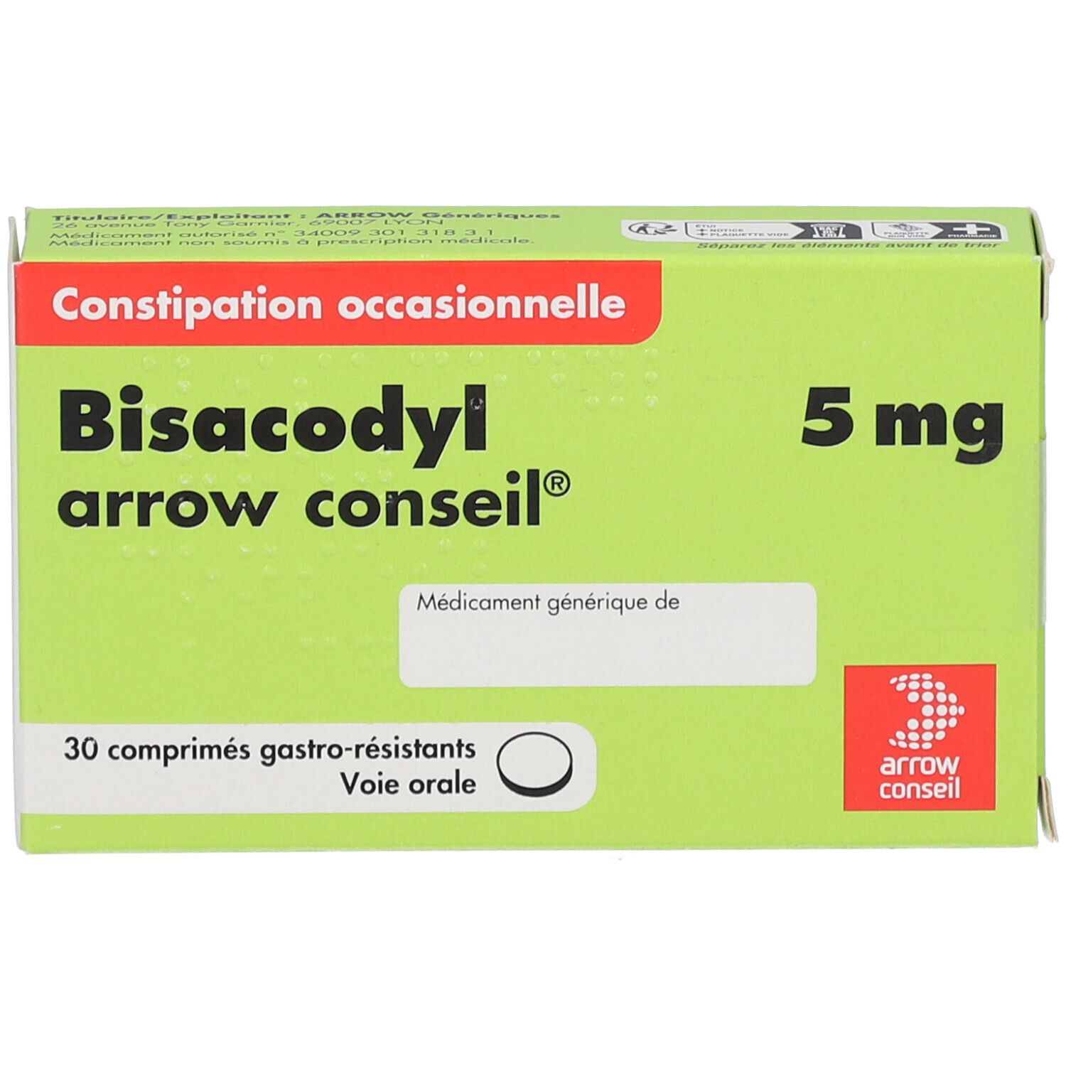 Boîte de Bisacodyl arrow conseil® 5 mg. Vert, blanc et rouge. 30 comprimés. Nom de marque et produit visibles.