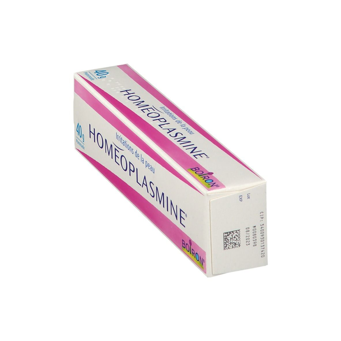 Boîte de HOMEOPLASMINE® Pommade en biais. Blanche et rose, nom du produit et 40g.
