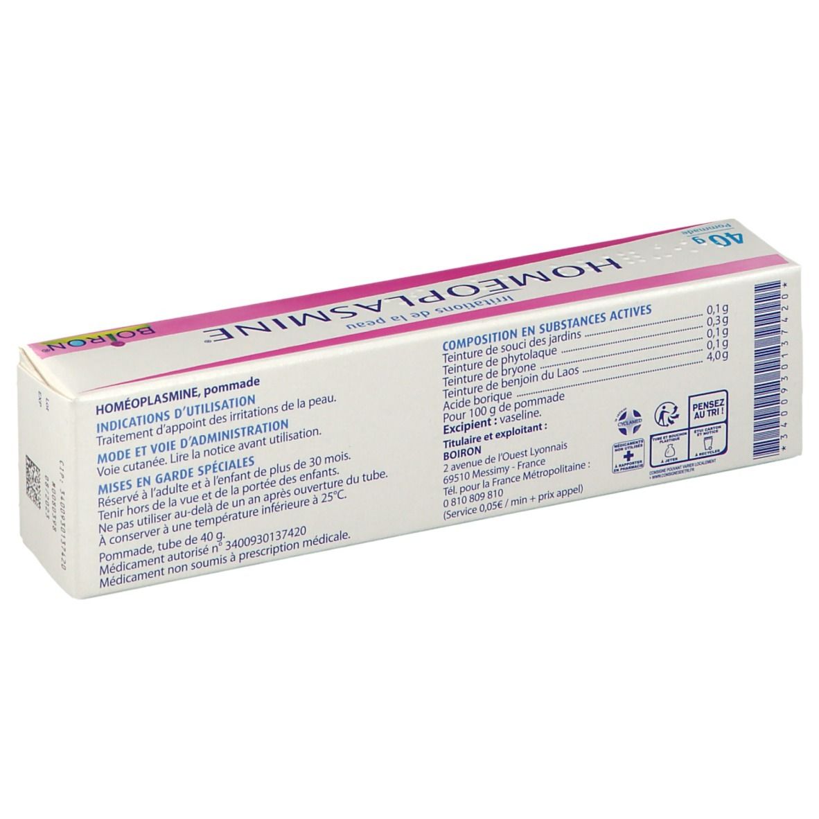 Dos de la boîte HOMEOPLASMINE® Pommade. Ingrédients et informations du fabricant.