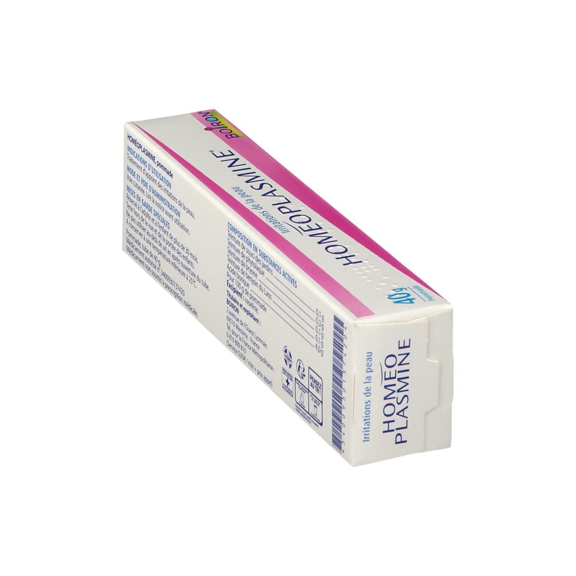 Boîte HOMEOPLASMINE® Pommade en biais. Nom du produit et ingrédients visibles.