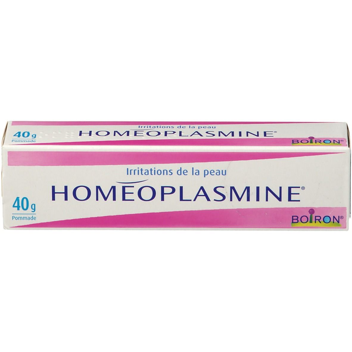Boîte de HOMEOPLASMINE® Pommade. Blanche et rose, nom du produit et 40g.