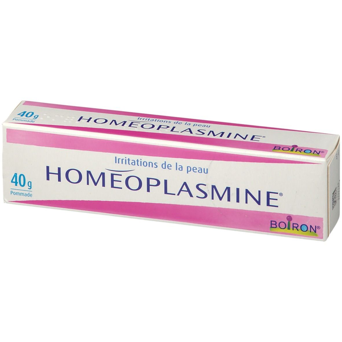 Boîte de HOMEOPLASMINE® Pommade. Blanche et rose, nom du produit et 40g.