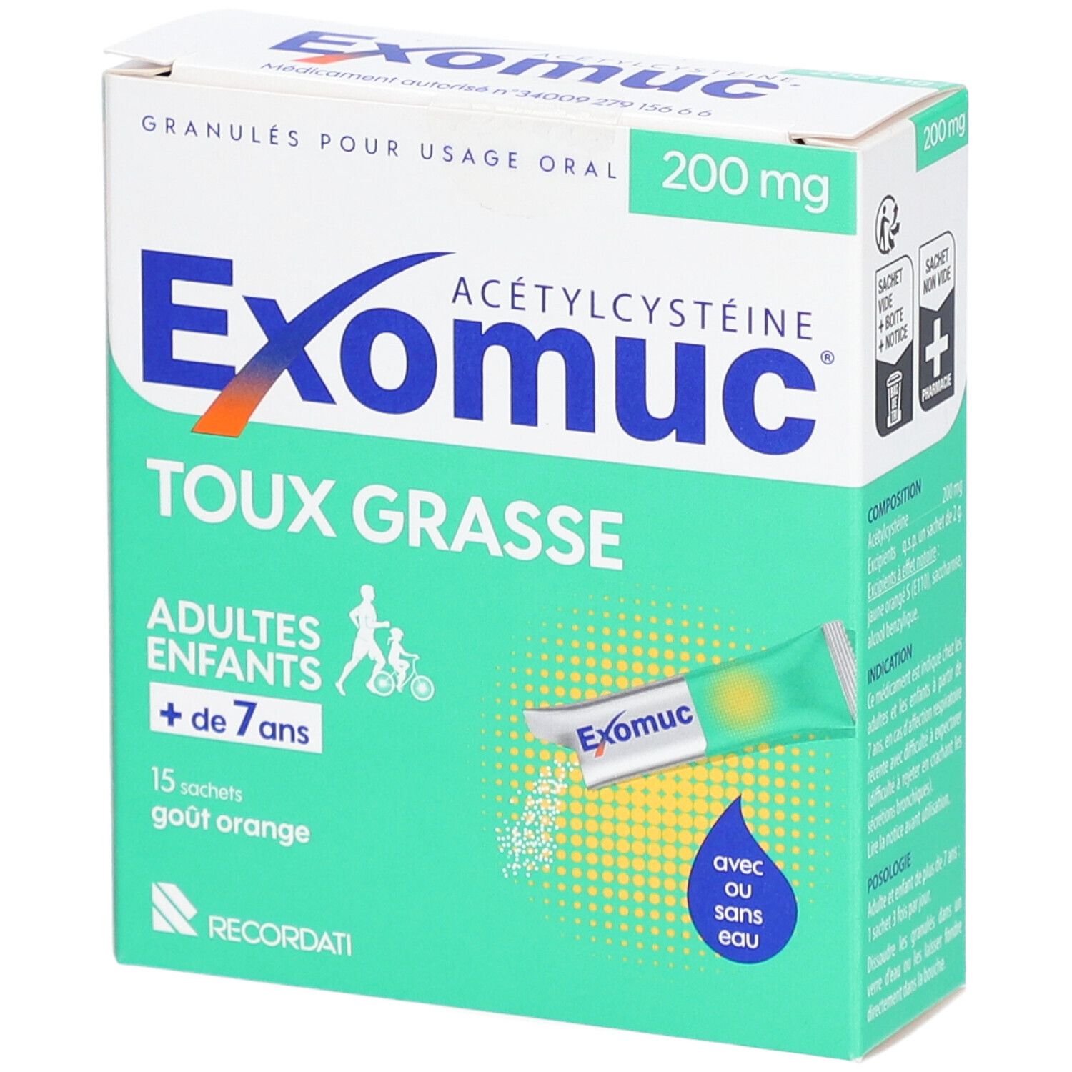 Boîte d'Exomuc Granulés 200 mg. Contient 15 sachets. Inscription: Toux Grasse, Adultes et enfants + de 7 ans.