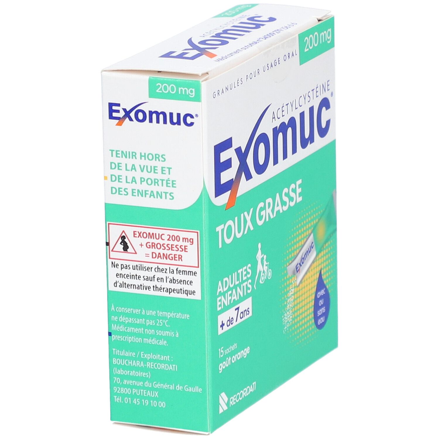 Boîte Exomuc Granulés 200 mg. Inscription: Toux Grasse, Adultes et enfants + de 7 ans. Avertissement: Grossesse.
