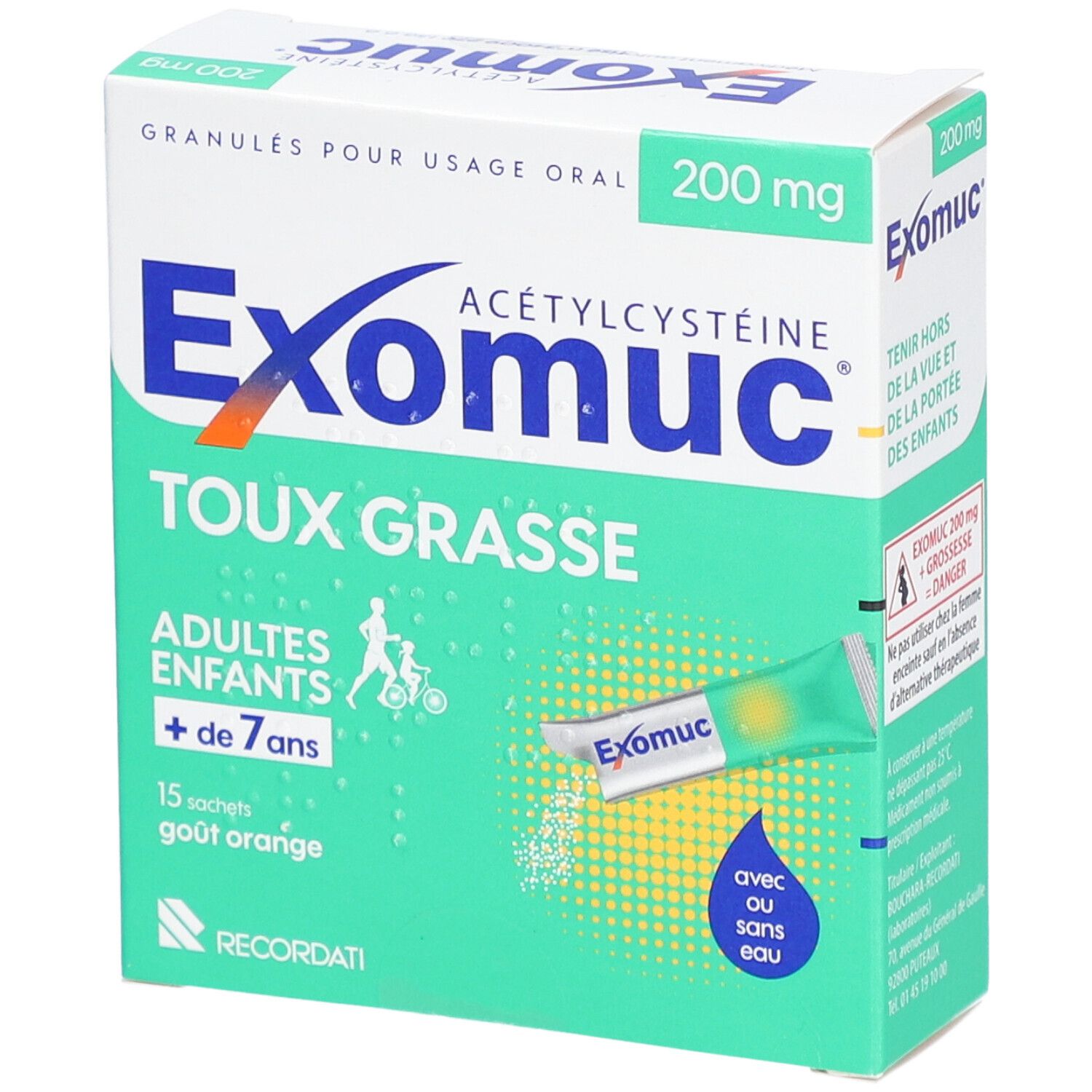 Boîte d'Exomuc Granulés 200 mg. Contient 15 sachets. Inscription: Toux Grasse, Adultes et enfants + de 7 ans.