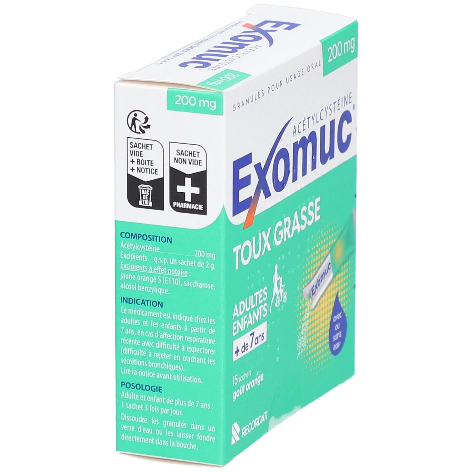 Boîte Exomuc Granulés 200 mg. Contient 15 sachets. Inscription: Toux Grasse, Adultes et enfants + de 7 ans. Composition.
