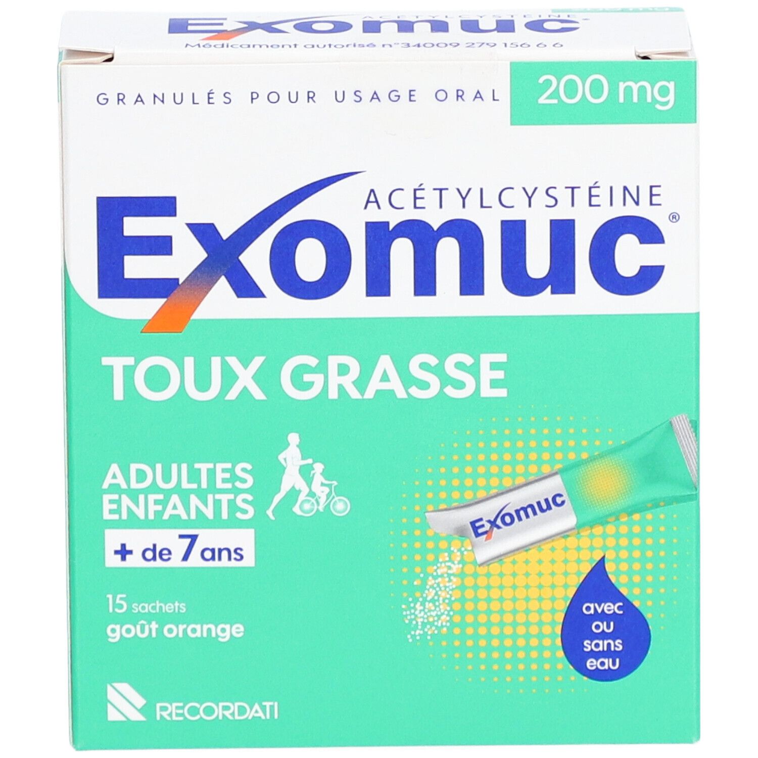 Boîte d'Exomuc Granulés 200 mg. Contient 15 sachets. Inscription: Toux Grasse, Adultes et enfants + de 7 ans.