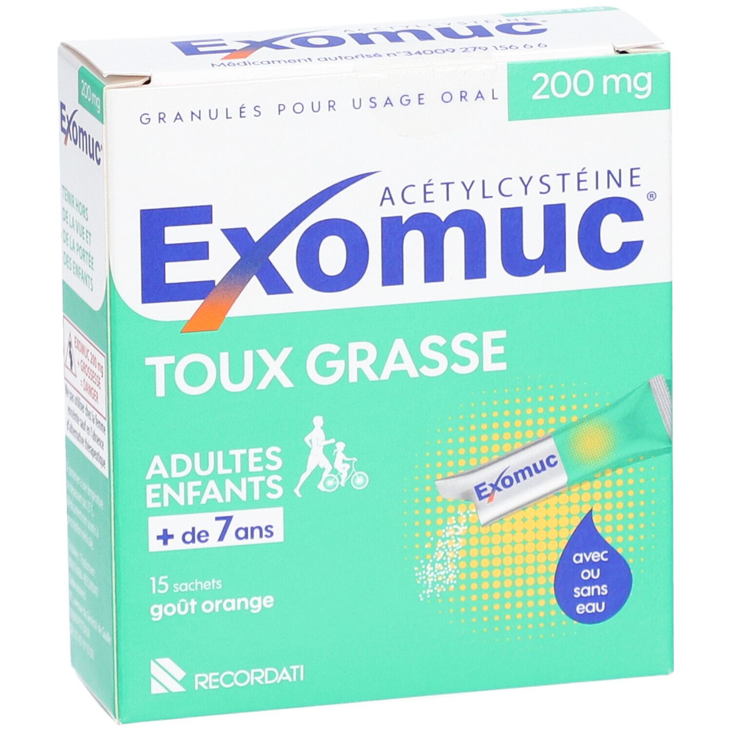 Boîte d'Exomuc Granulés 200 mg. Contient 15 sachets. Inscription: Toux Grasse, Adultes et enfants + de 7 ans.