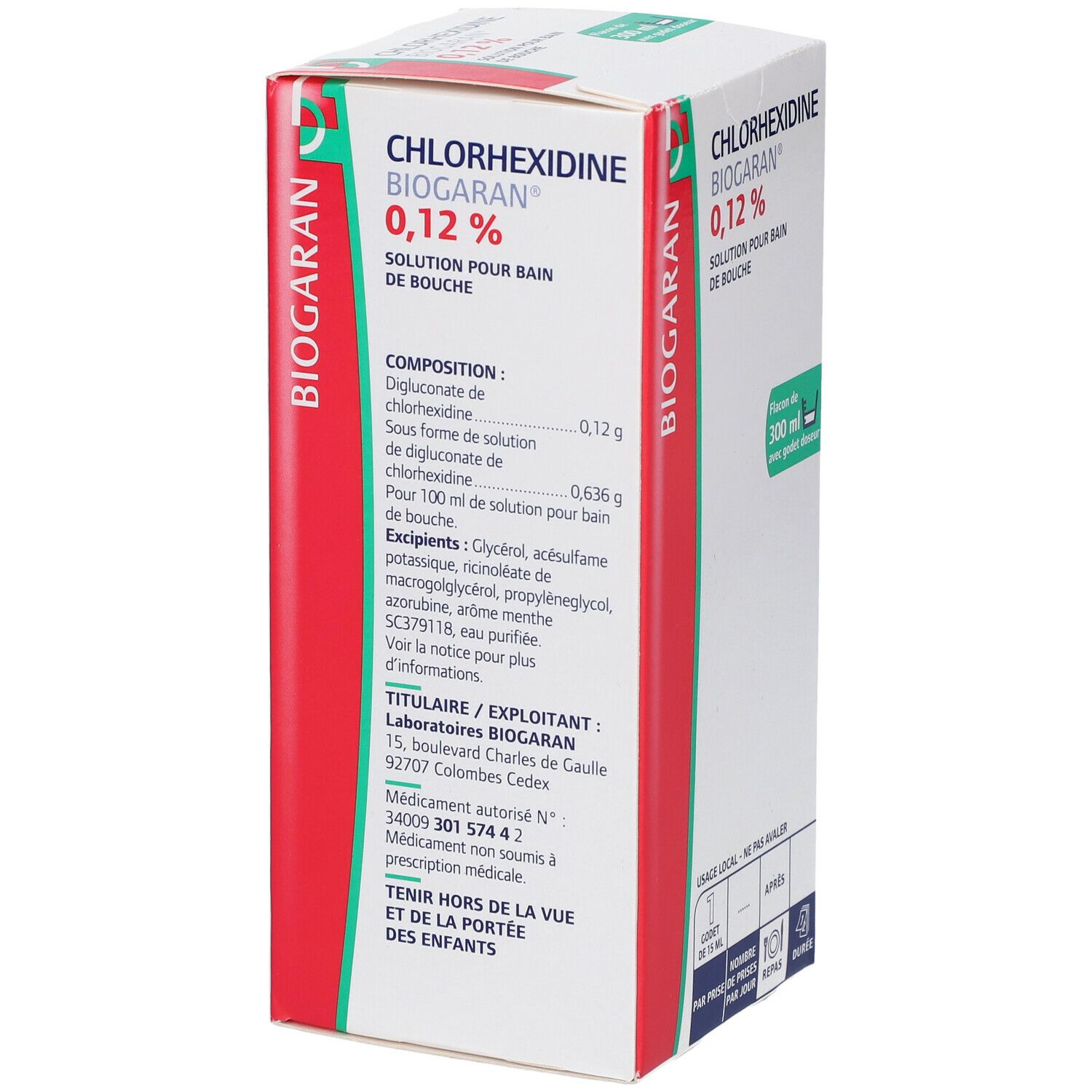 Dos de la boîte de Chlorhexidine BIOGARAN 0,12 %. Ingrédients et informations du fabricant. Boîte blanche avec accent rouge.