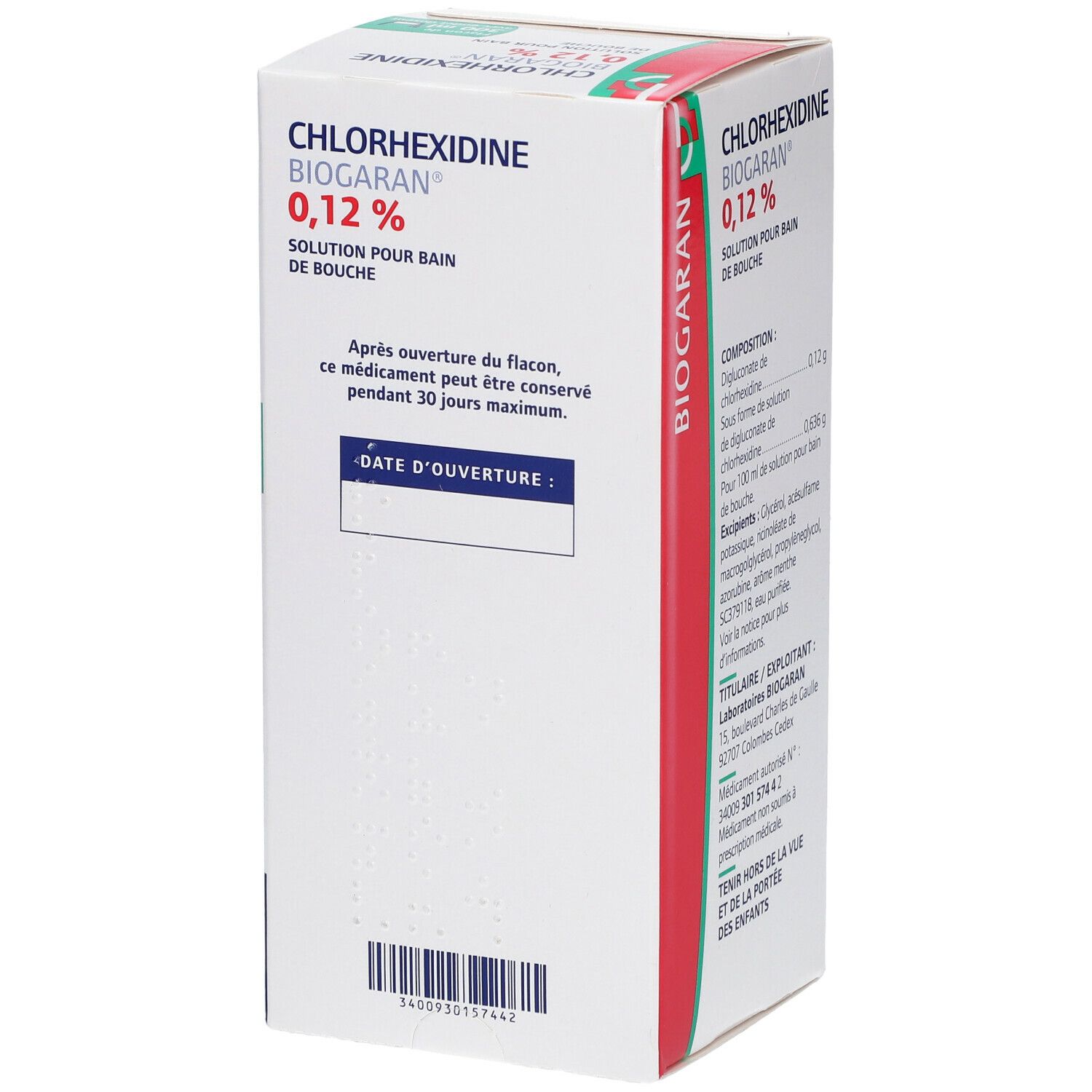 Côté de la boîte de Chlorhexidine BIOGARAN 0,12 %. Informations sur le produit. Boîte blanche avec accent rouge.