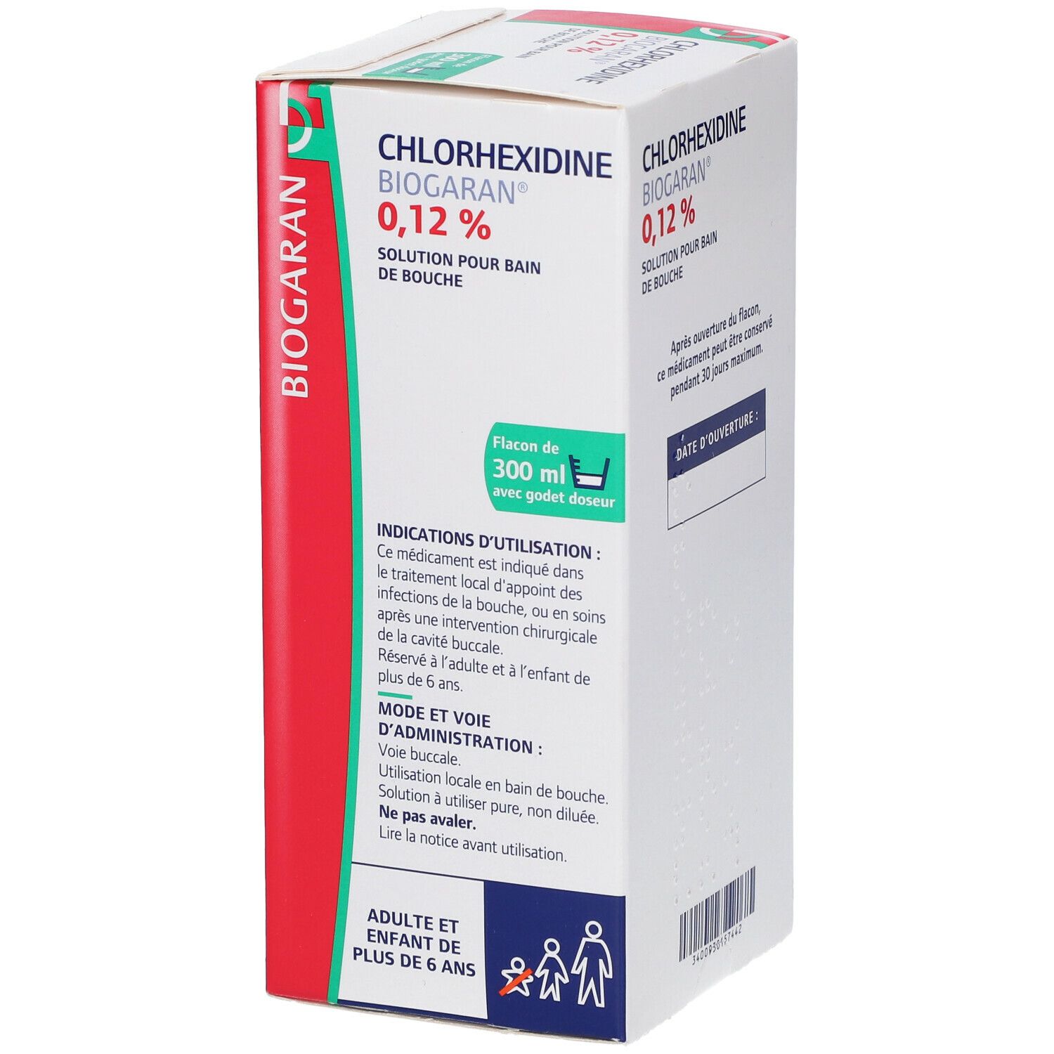 Côté de la boîte de Chlorhexidine BIOGARAN 0,12 %. Instructions d'utilisation et posologie. Boîte blanche avec accent rouge.