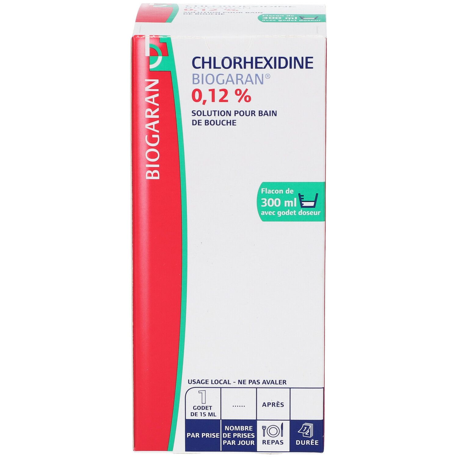 Boîte de Chlorhexidine BIOGARAN 0,12 %. Vue de face de la boîte. Boîte rouge et blanche avec informations sur le produit.