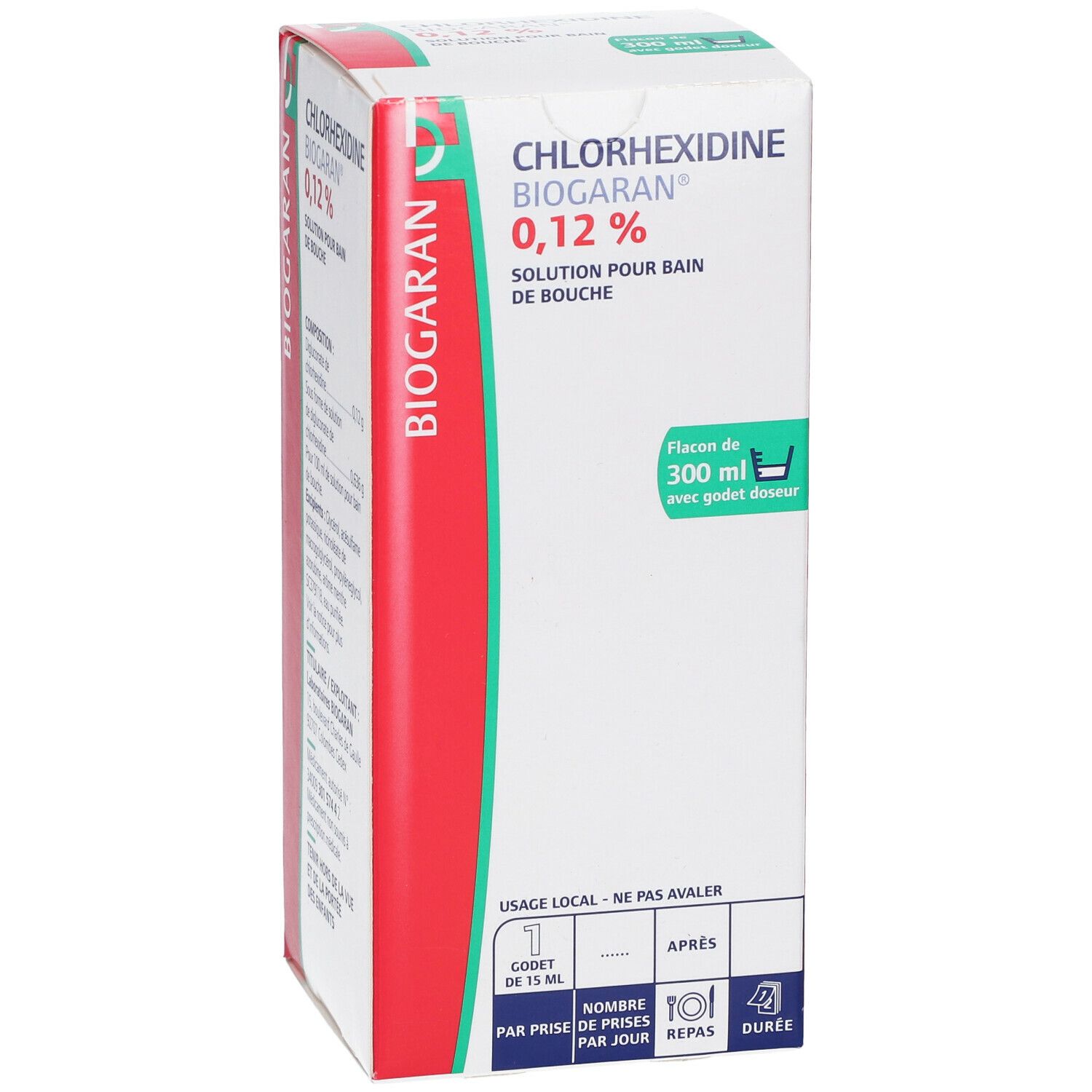 Boîte de Chlorhexidine BIOGARAN 0,12 %. Vue de face de la boîte. Boîte rouge et blanche avec informations sur le produit.