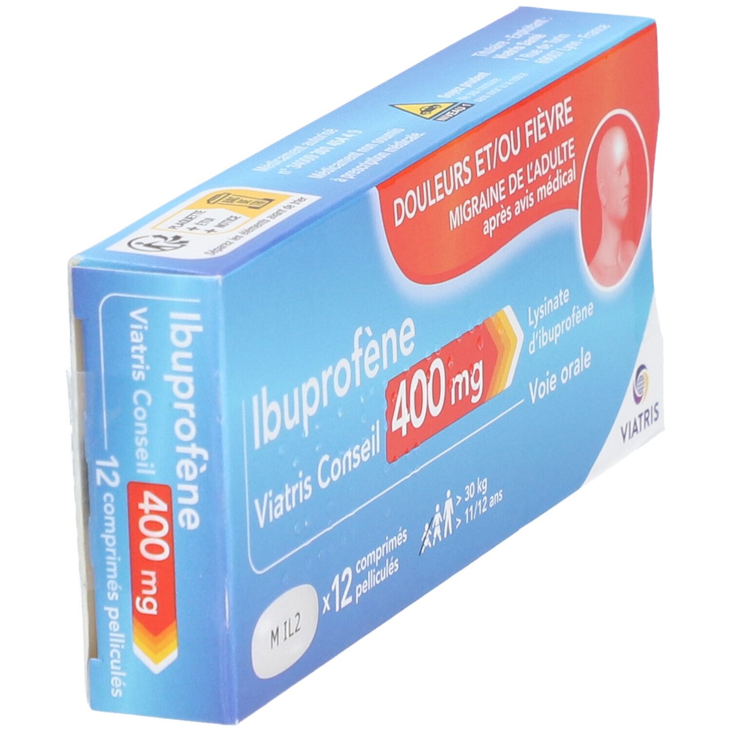 Boîte d'Ibuprofène Viatris Conseil 400 mg, en biais. Emballage bleu avec nom, dosage et logo.