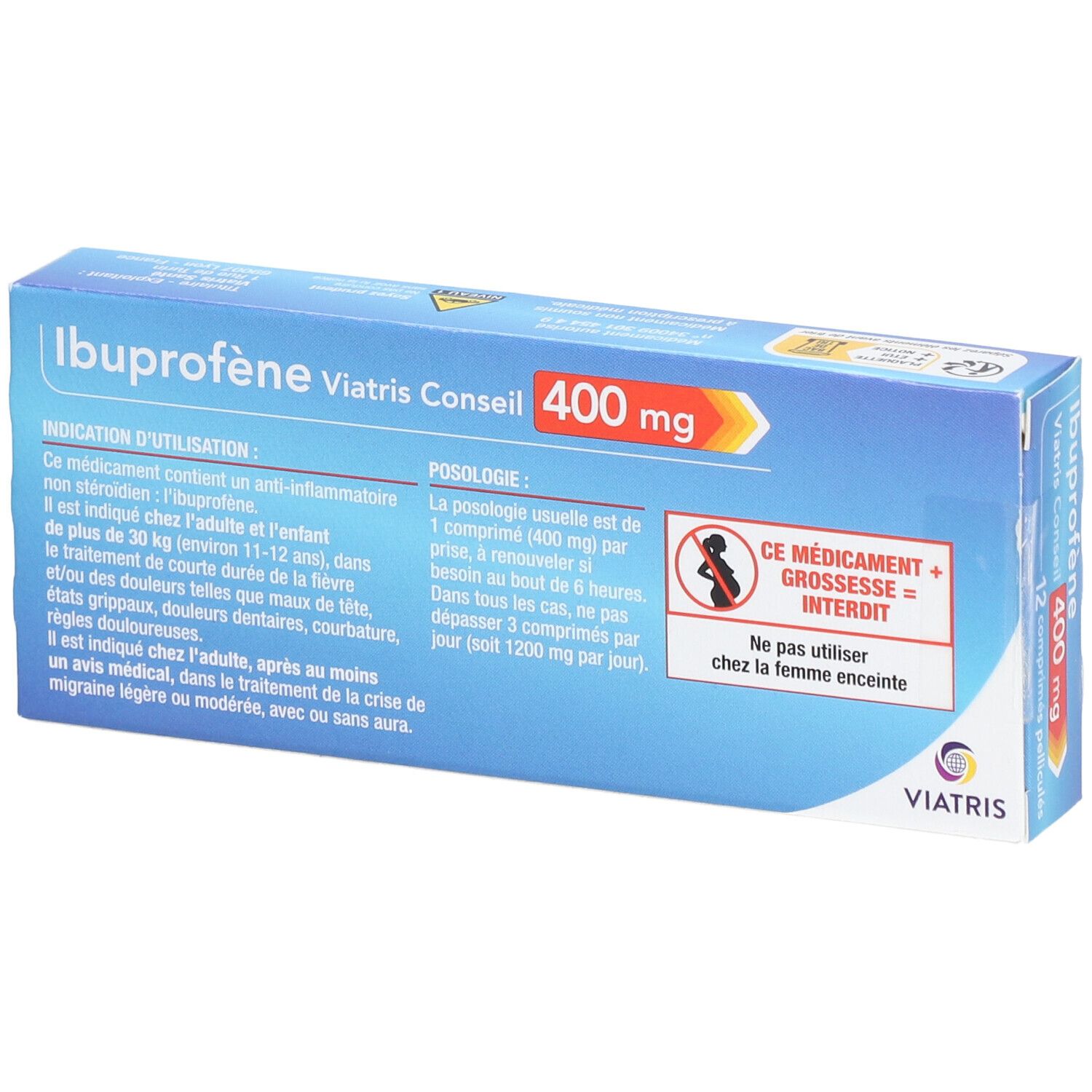 Dos de la boîte d'Ibuprofène Viatris Conseil 400 mg. Texte sur l'utilisation et les avertissements.