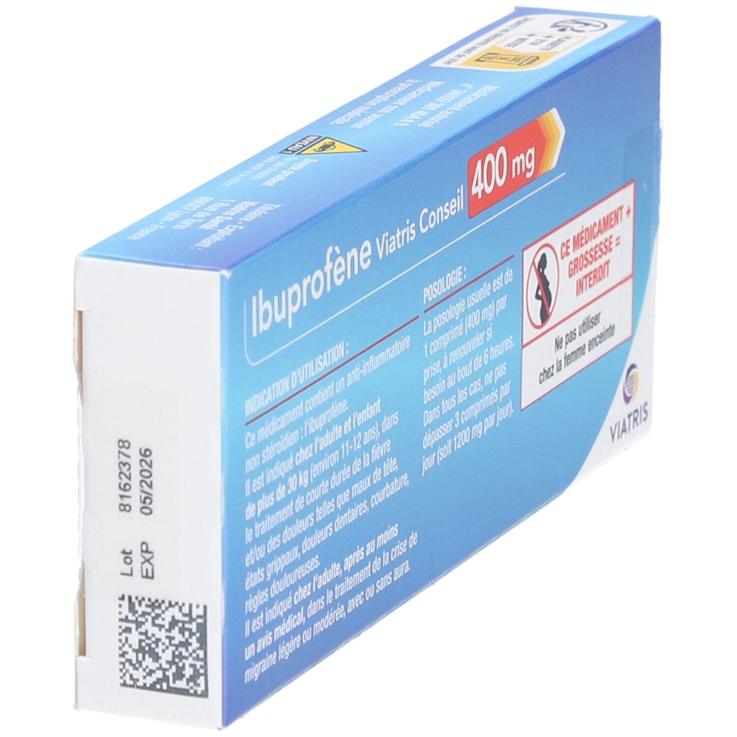 Boîte d'Ibuprofène Viatris Conseil 400 mg, vue arrière en biais. Texte, date de péremption et QR code.