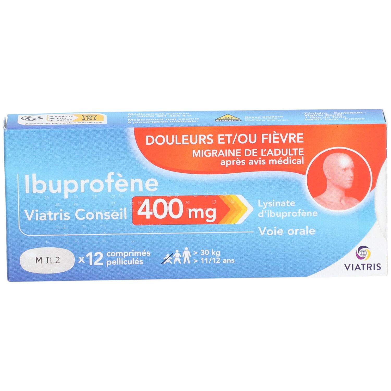 Boîte d'Ibuprofène Viatris Conseil 400 mg. Emballage bleu avec nom, dosage et logo.