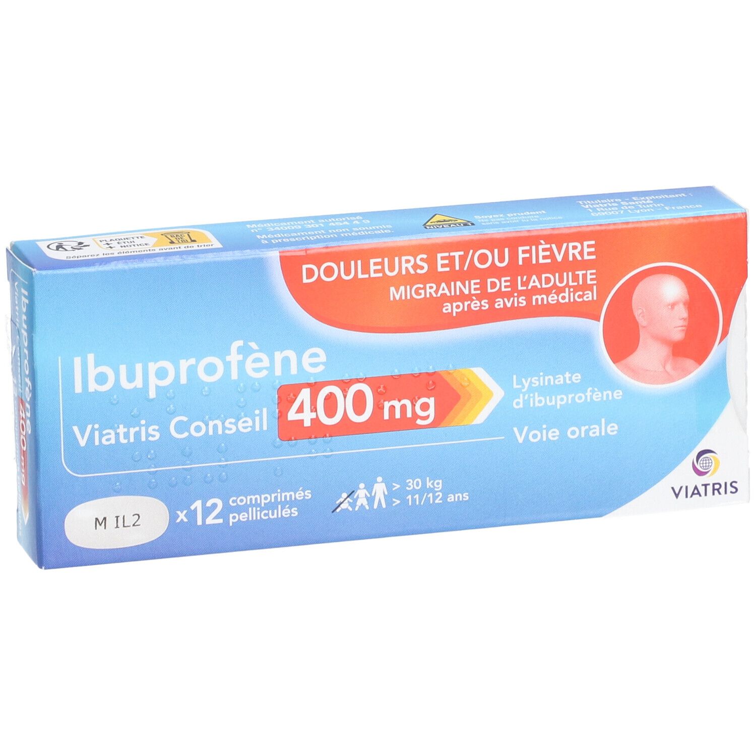 Boîte d'Ibuprofène Viatris Conseil 400 mg. Emballage bleu avec nom, dosage et logo.