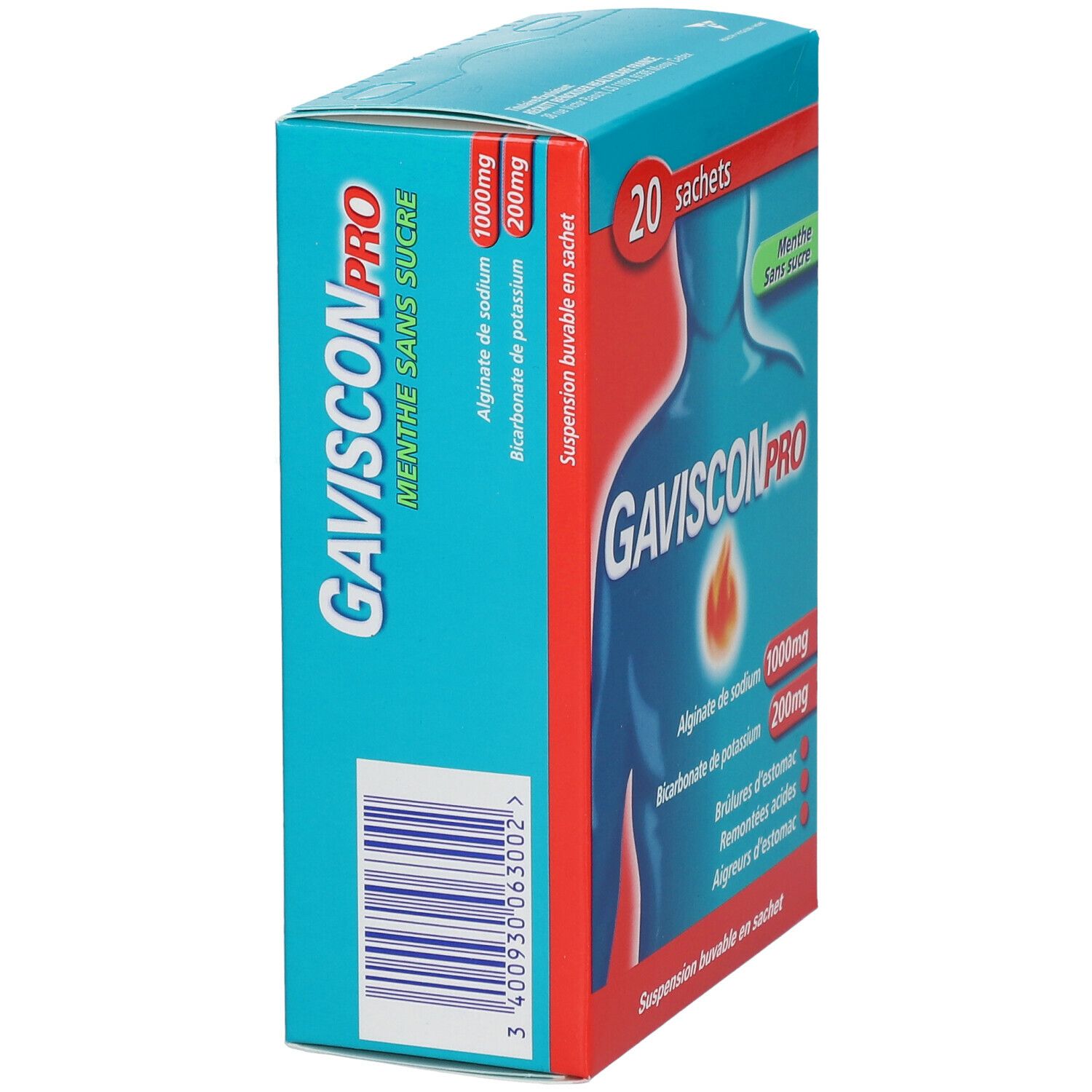 Boîte, vue latérale. Inscription GAVISCONPRO, Menthe Sans sucre. Code-barres. Texte sur ingrédients et dosage.