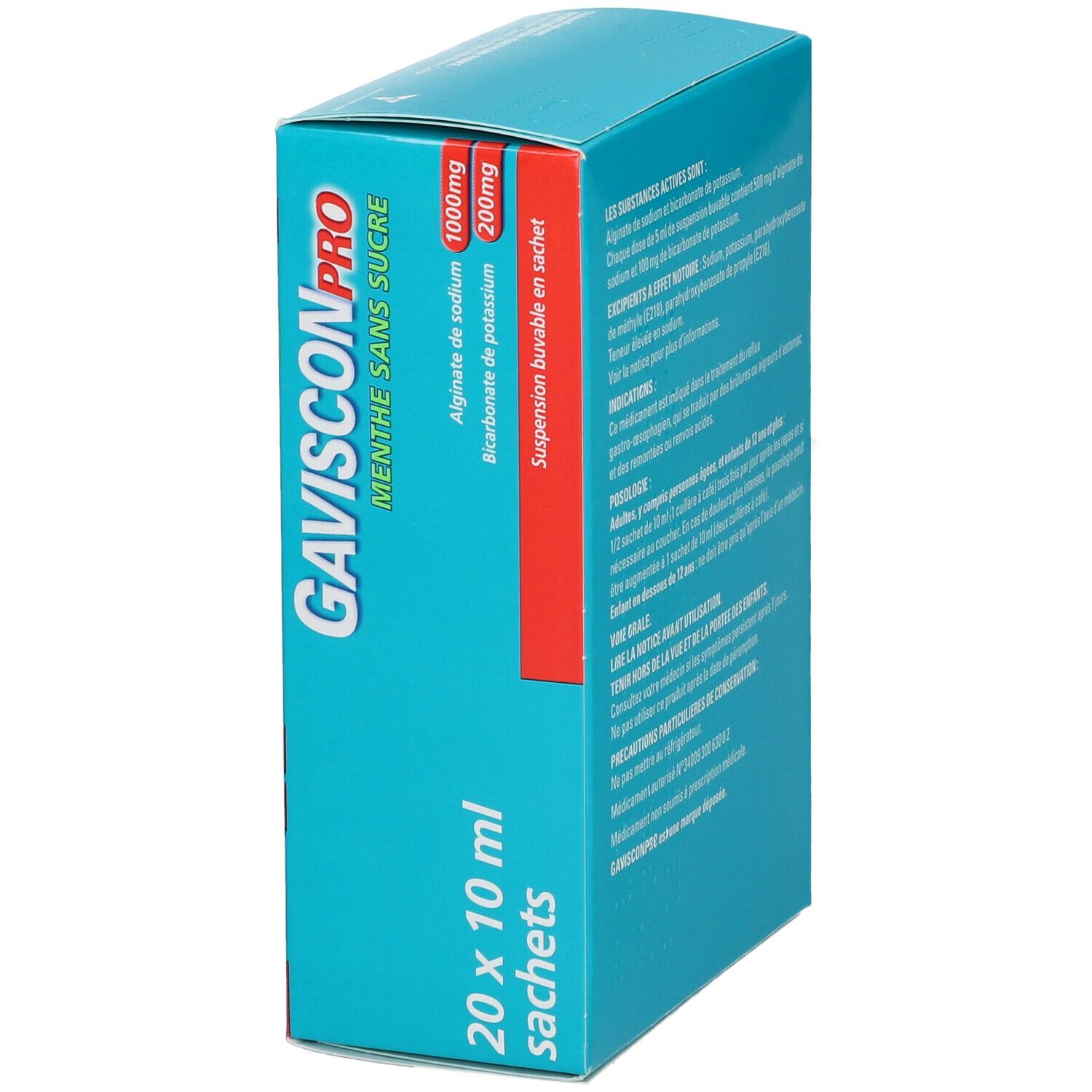 Boîte avec 20 x 10 ml sachets. Inscription GAVISCONPRO, Menthe Sans sucre. Texte sur les ingrédients.