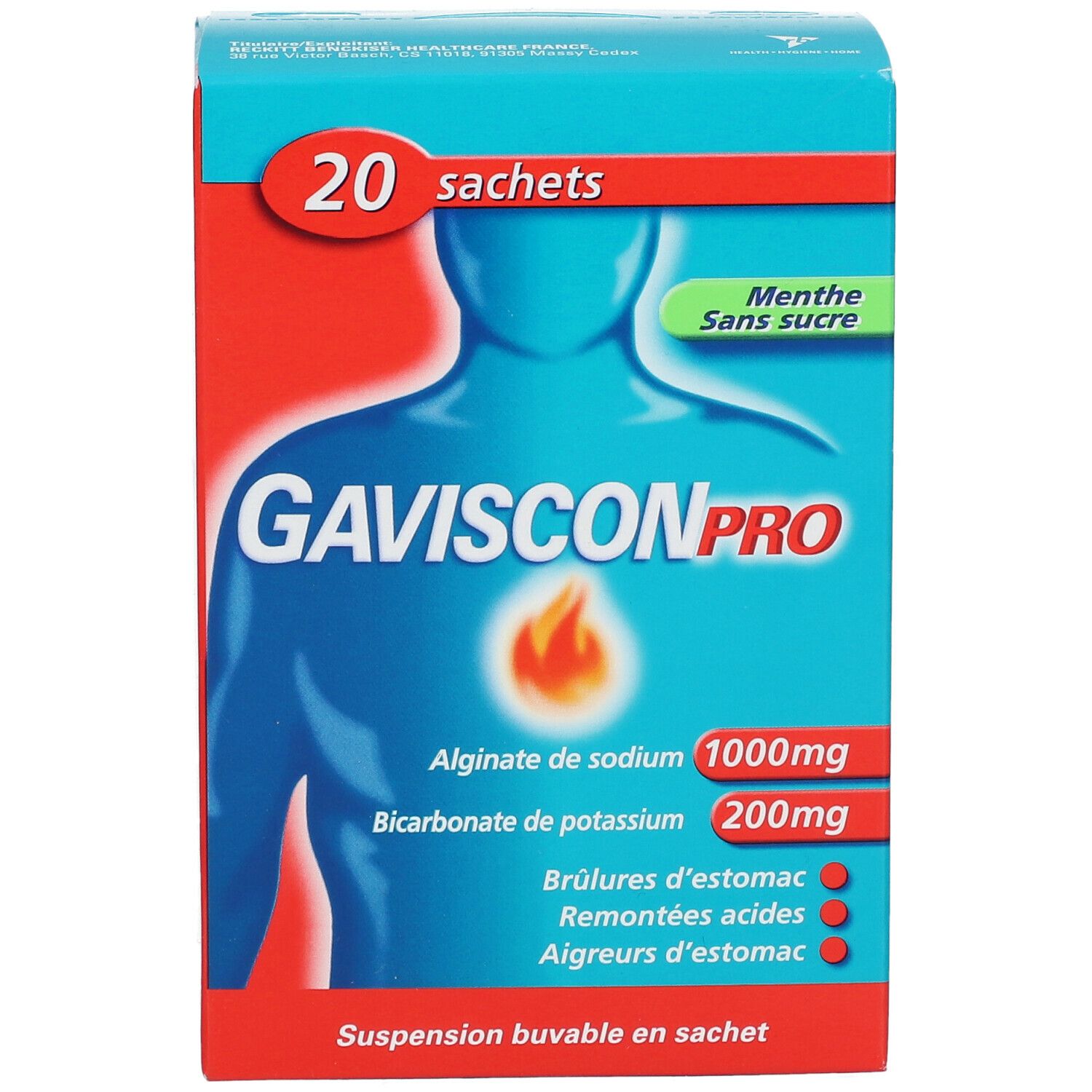 Boîte de 20 sachets. Inscription GAVISCONPRO, Menthe Sans sucre. Illustration d'un corps humain avec zone de l'estomac.