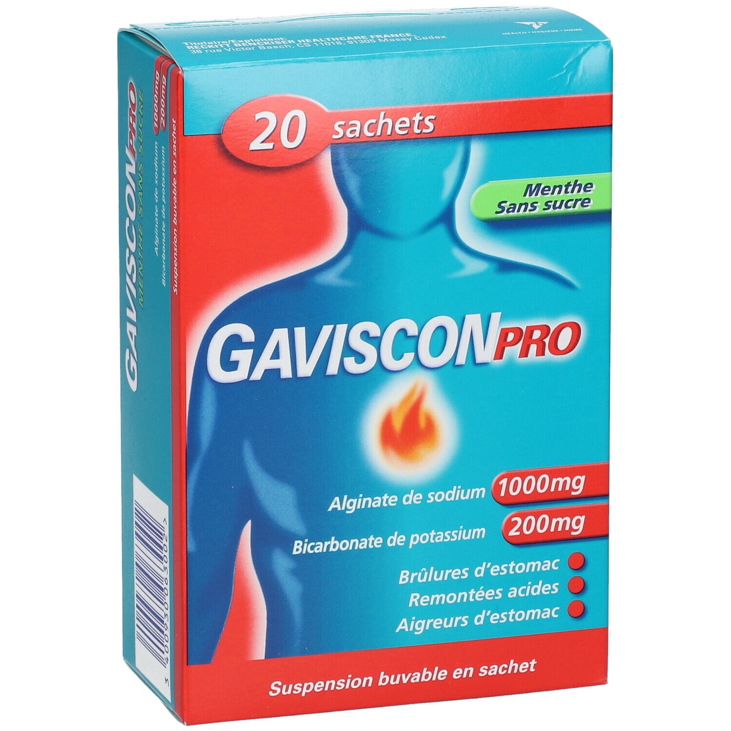 Boîte de 20 sachets. Inscription GAVISCONPRO, Menthe Sans sucre. Illustration d'un corps humain avec zone de l'estomac.