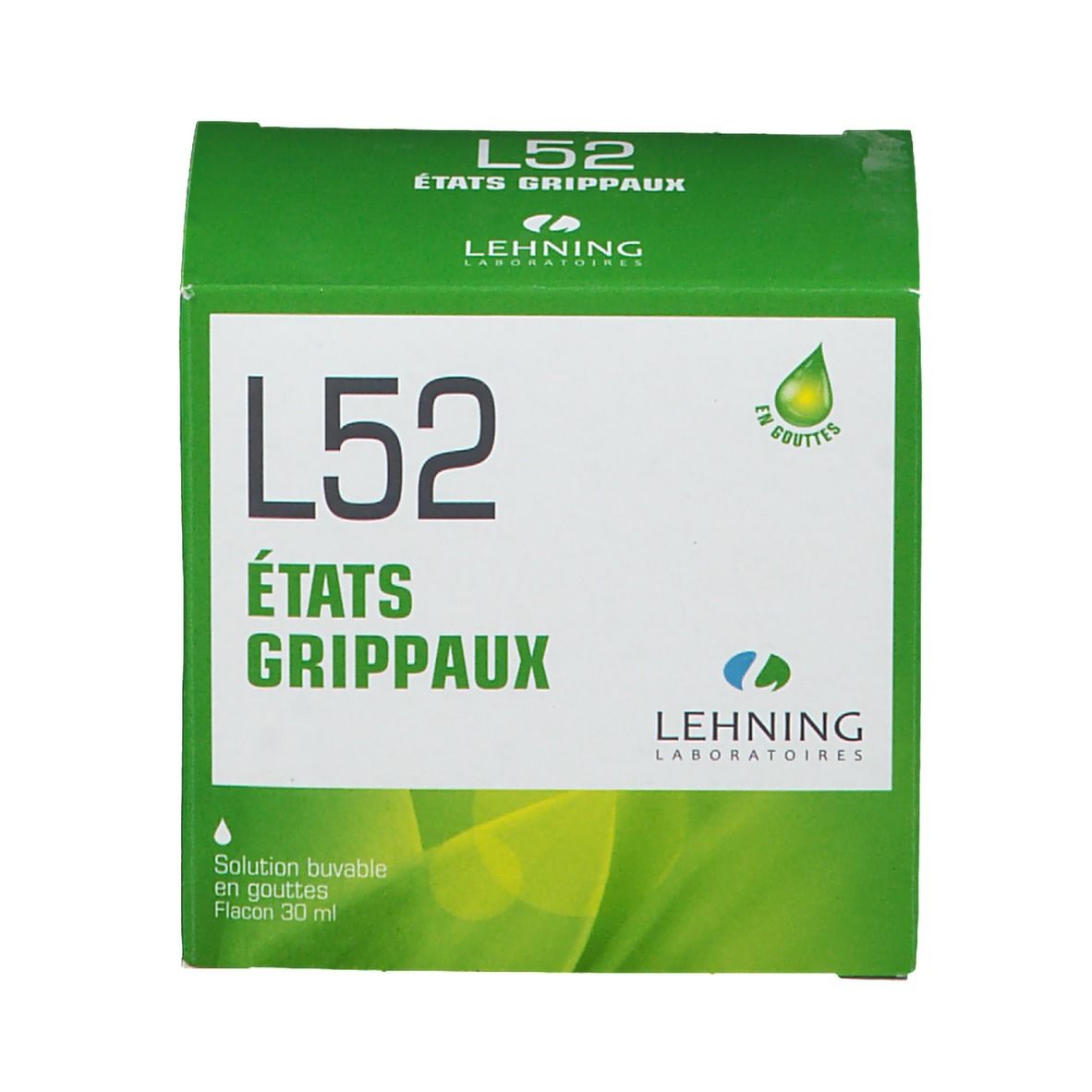 Boîte verte avec inscription blanche L52, États Grippaux et LEHNING. Symbole de goutte.