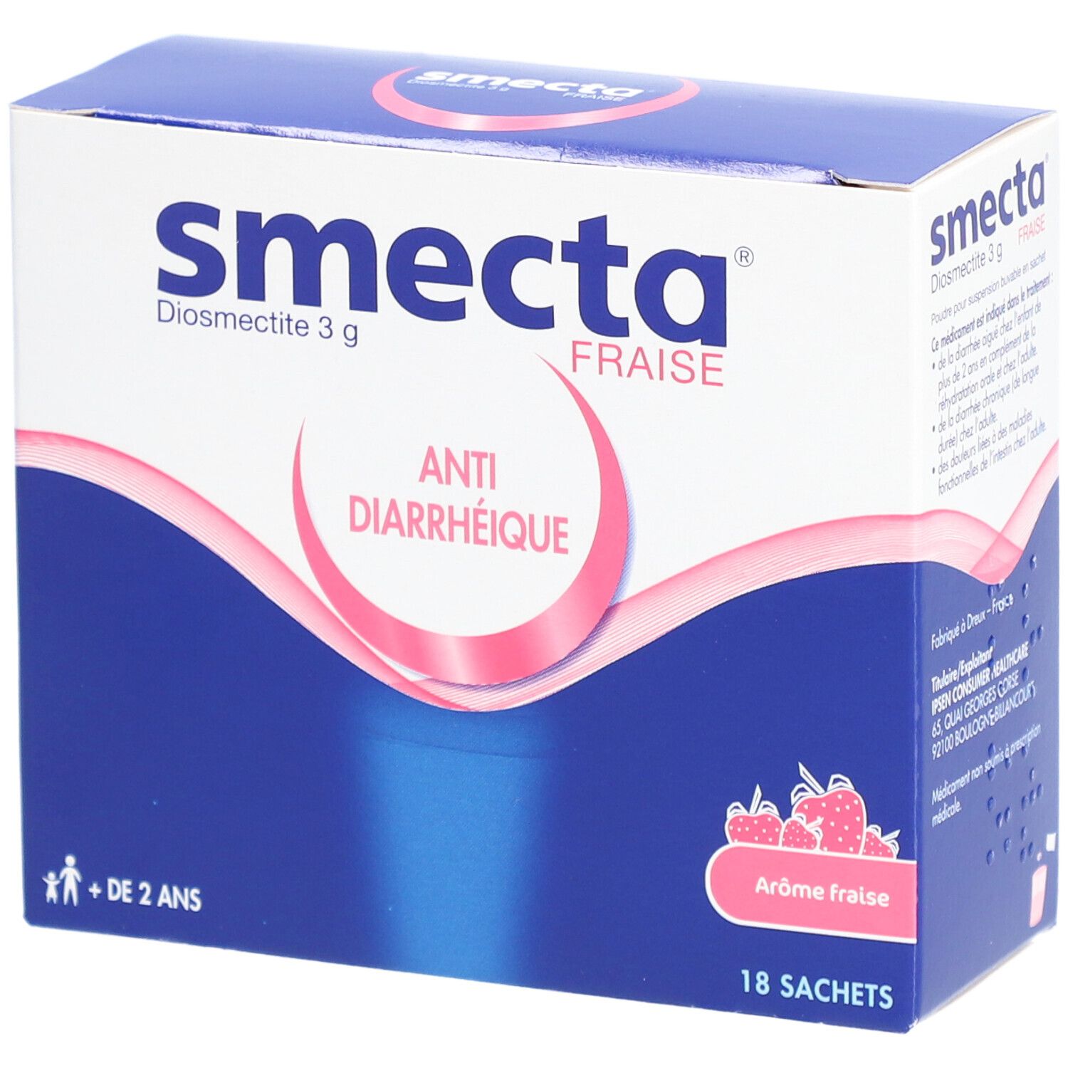 Boîte bleue et blanche "Smecta Fraise". Contient 18 sachets. Inscription: Anti-diarrhéique. Pour enfants de + de 2 ans.