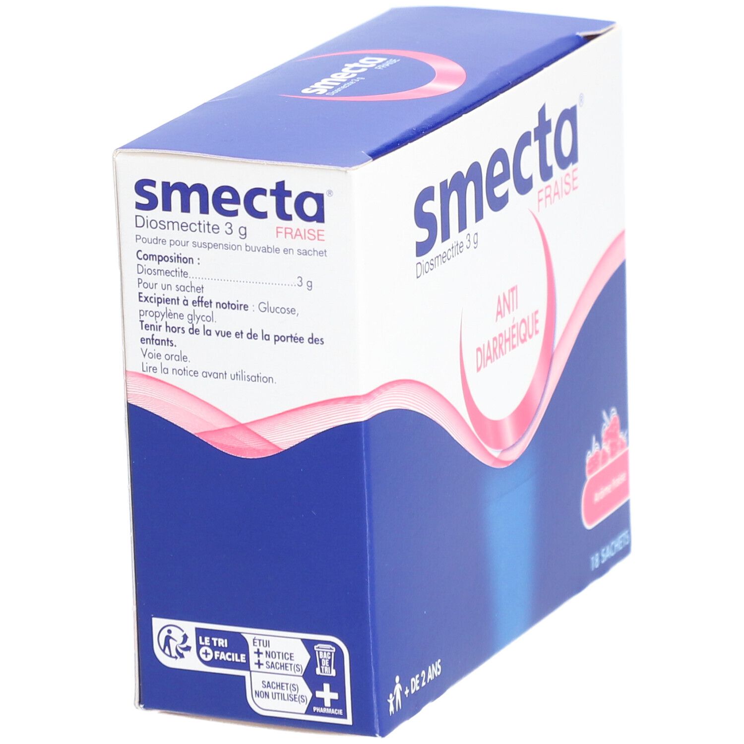 Boîte "Smecta Fraise". Contient 18 sachets. Inscription: Anti-diarrhéique. Pour enfants de + de 2 ans. Détail des ingrédients.