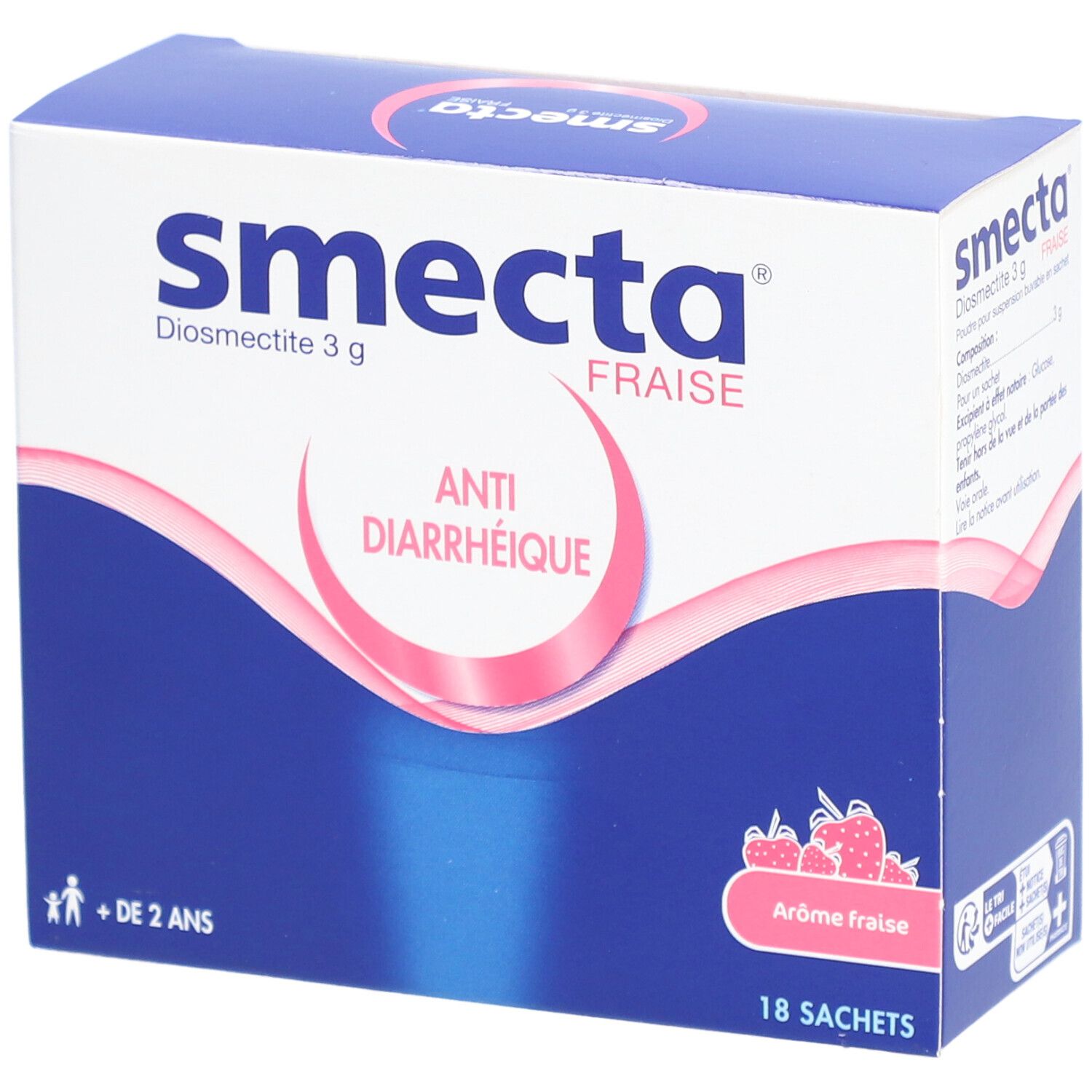 Boîte bleue et blanche "Smecta Fraise". Contient 18 sachets. Inscription: Anti-diarrhéique. Pour enfants de + de 2 ans. Arôme fraise.