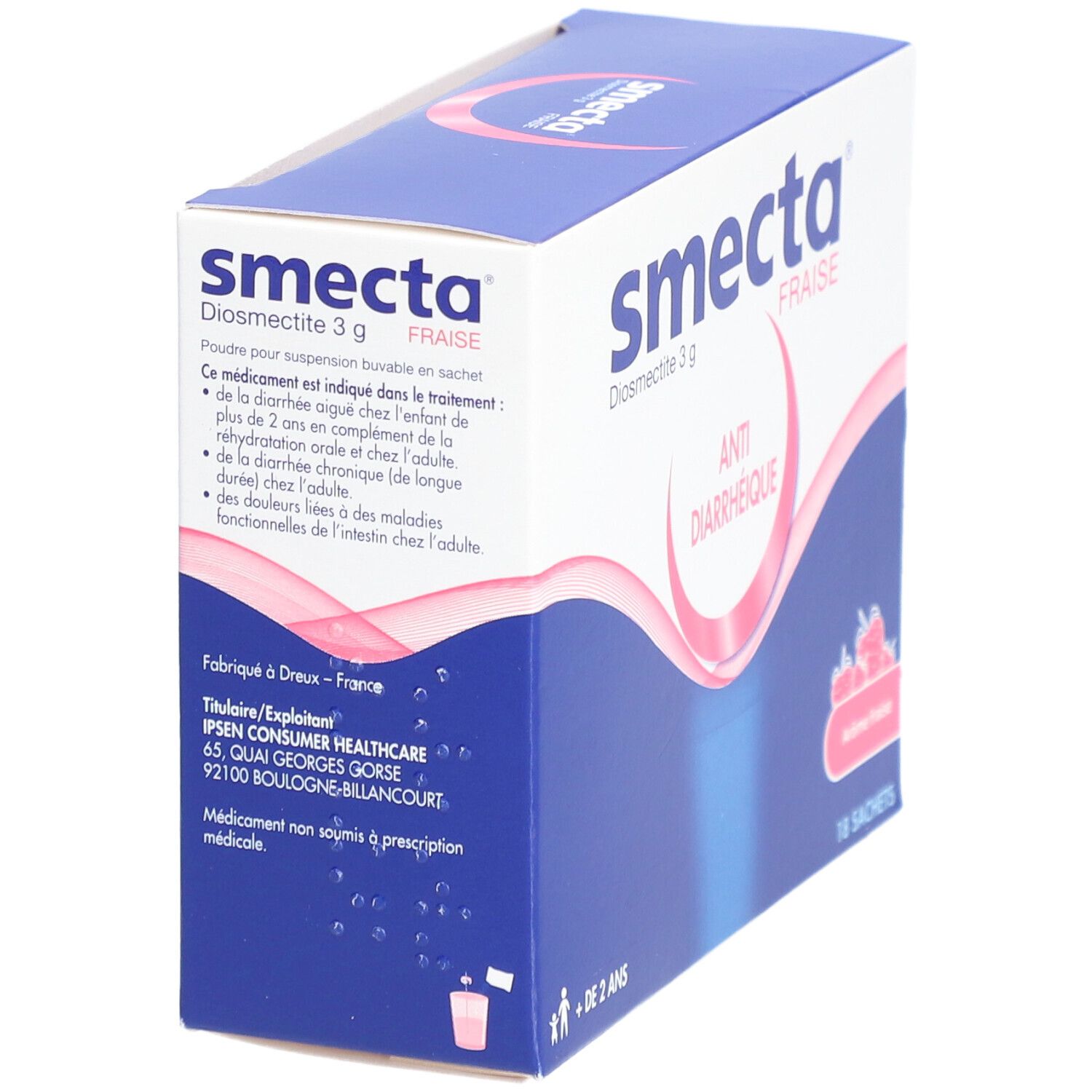 Boîte "Smecta Fraise". Contient 18 sachets. Inscription: Anti-diarrhéique. Pour enfants de + de 2 ans. Détail des ingrédients.