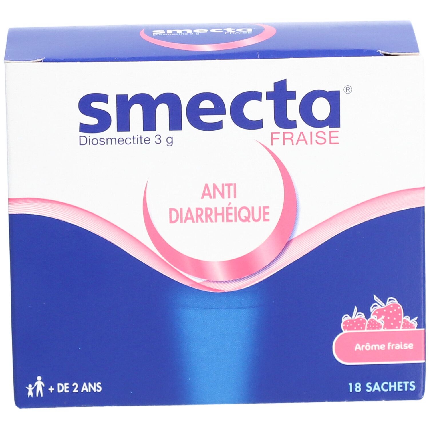 Boîte bleue et blanche "Smecta Fraise". Contient 18 sachets. Inscription: Anti-diarrhéique. Pour enfants de + de 2 ans. Arôme fraise.