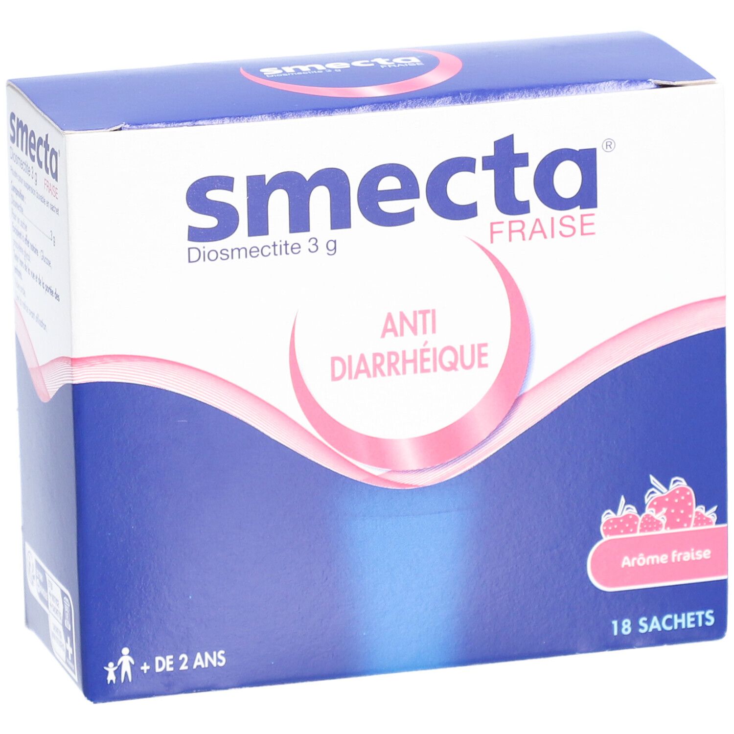 Boîte bleue et blanche "Smecta Fraise". Contient 18 sachets. Inscription: Anti-diarrhéique. Pour enfants de + de 2 ans. Arôme fraise.